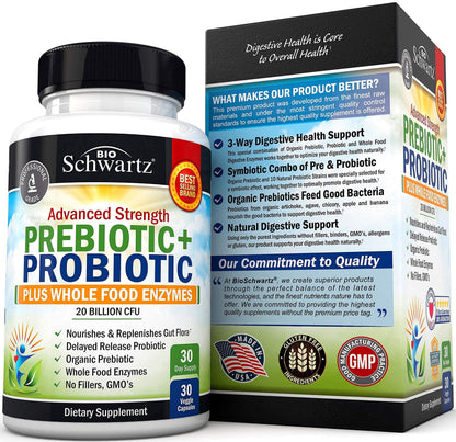 Probiotic & Prebiotic Digestive Health Capsules - 30ct, Gluten & Dairy Free, Non-GMO BioSchwartzUS supplements