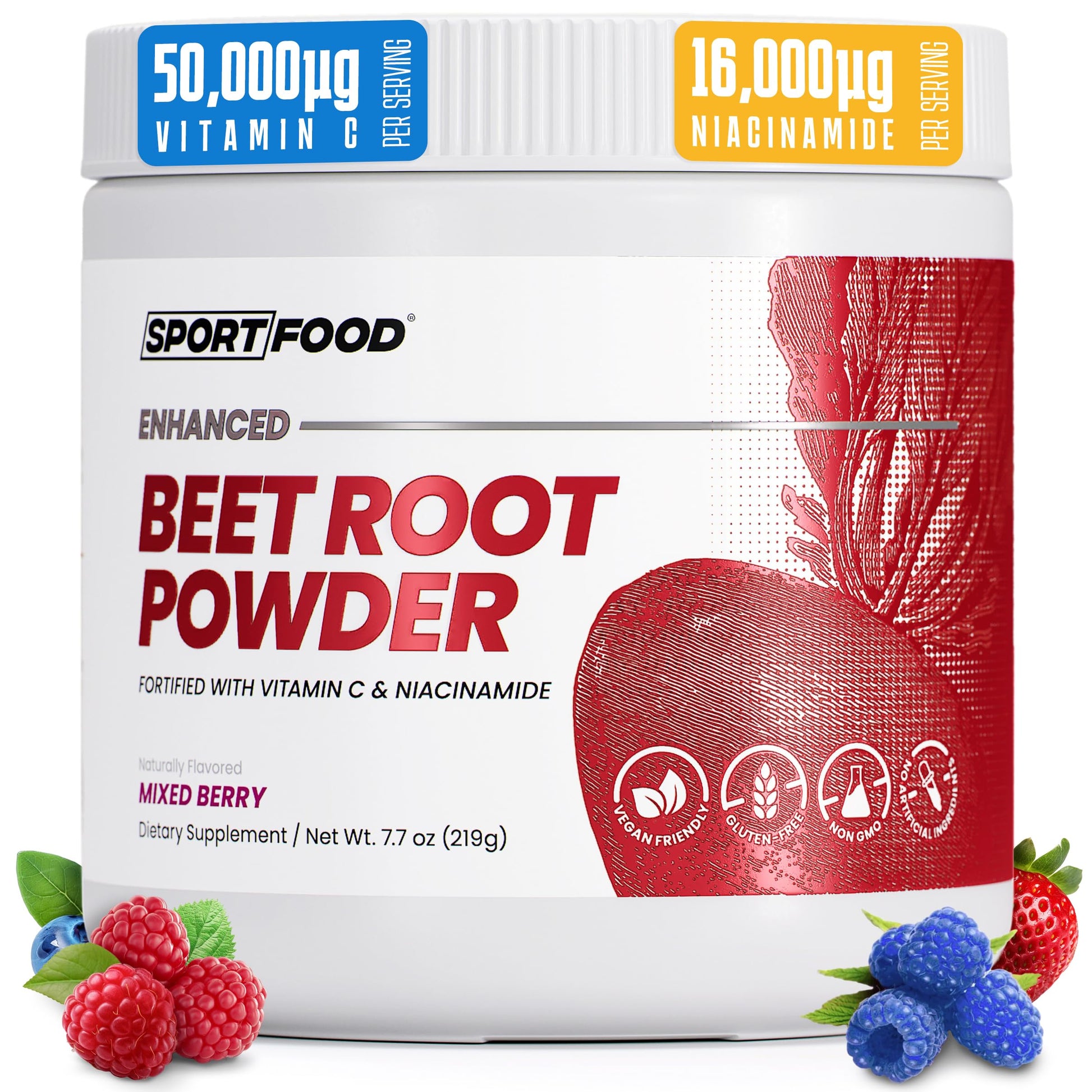 SPORTFOOD Beet Root Powder with Niacinamide & Vitamin C - Superfood for Circulation, Energy, & Stamina | Vegan, Non-GMO, Nitric Oxide Boost for Pre-Workout & Heart Health | Mixed Berry Flavor | 7.7oz Sport FoodAu supplements