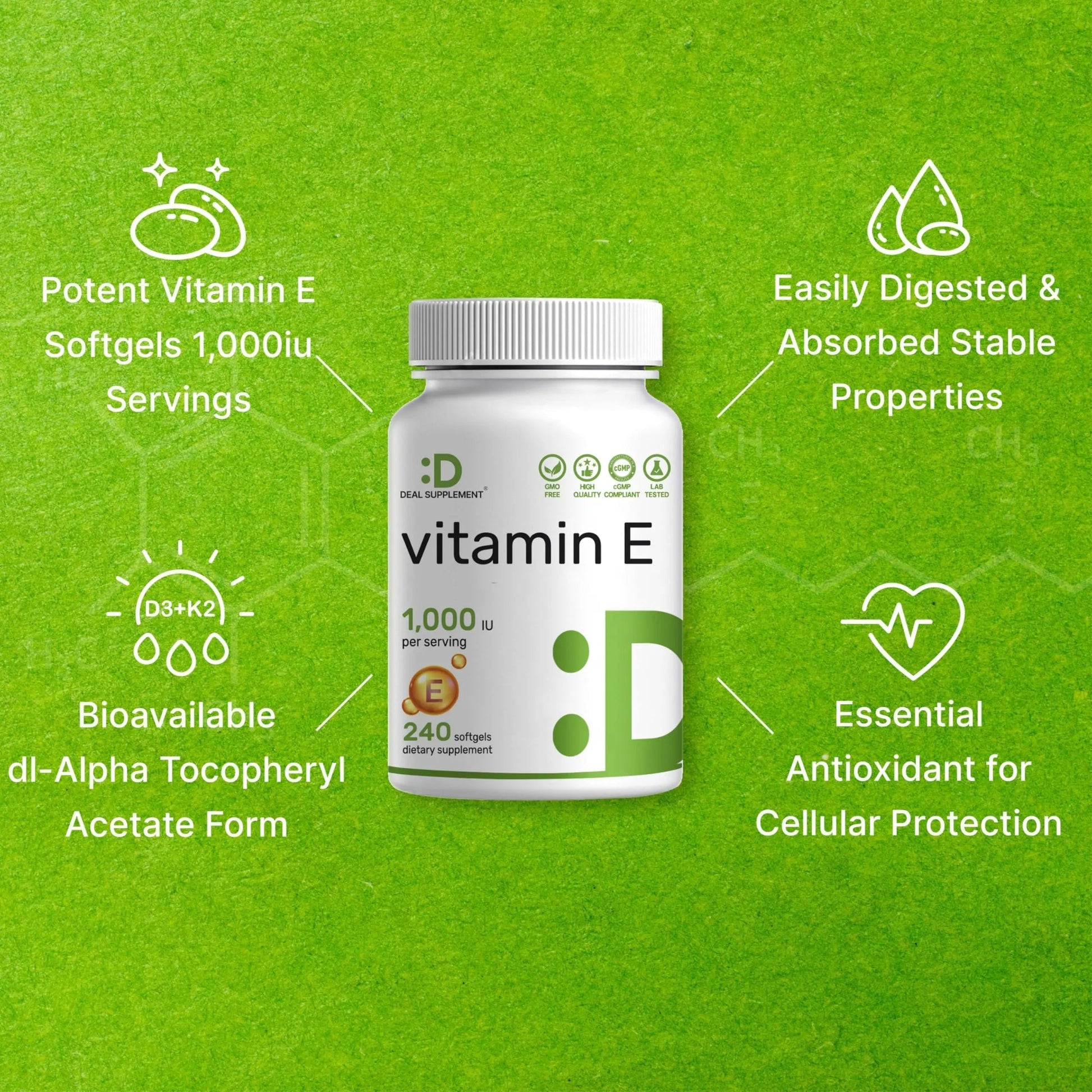 Vitamin E Supplements, 1,000 IU Per Serving, 240 Softgels – Extra Strength Antioxidant Protection – Bioavailable Stable Form DEAL SUPPLEMENTAu supplements