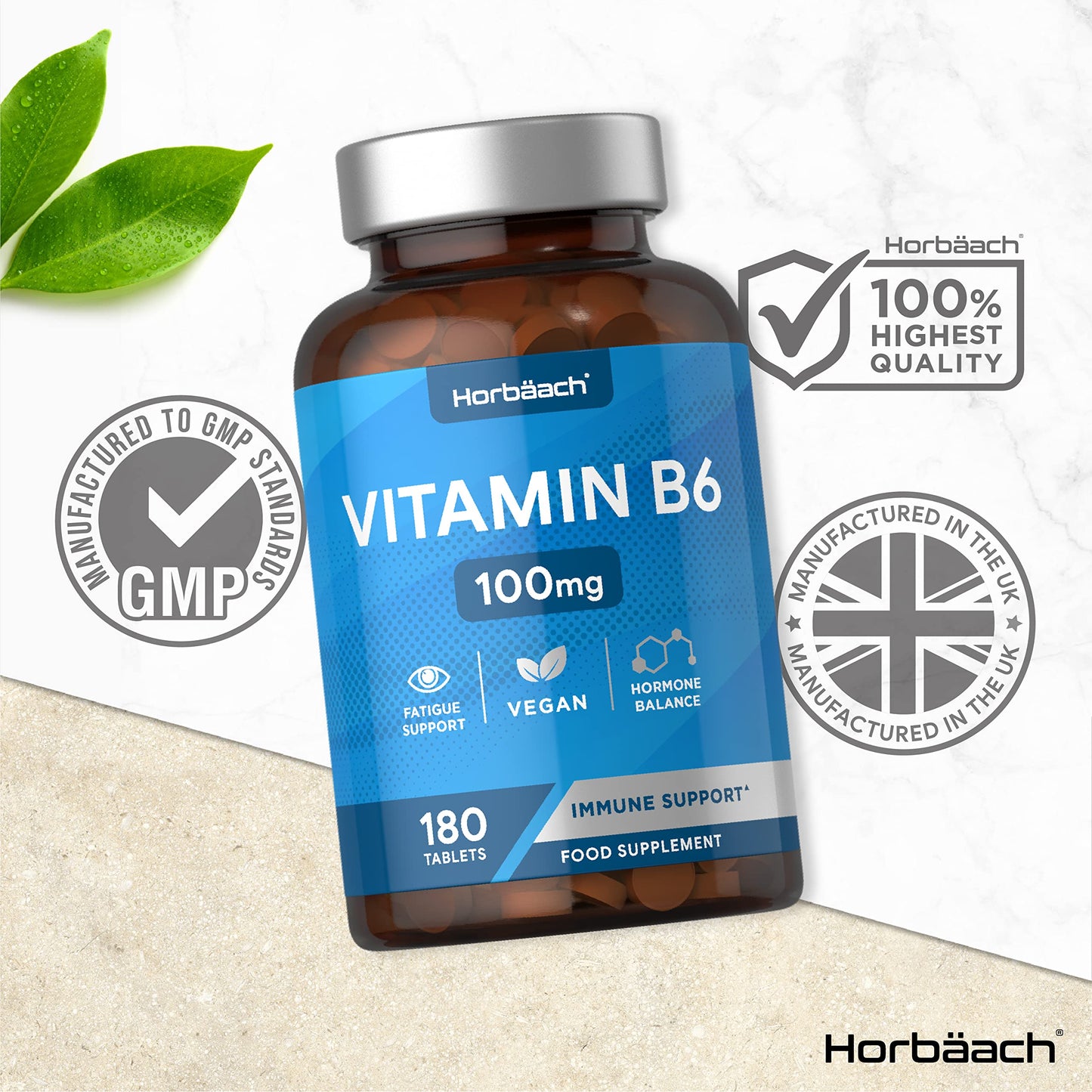 Vitamin B6 100mg | 180 High Strength Tablets | Regulation of Hormonal Activity & Fatigue HorbäachUS supplements