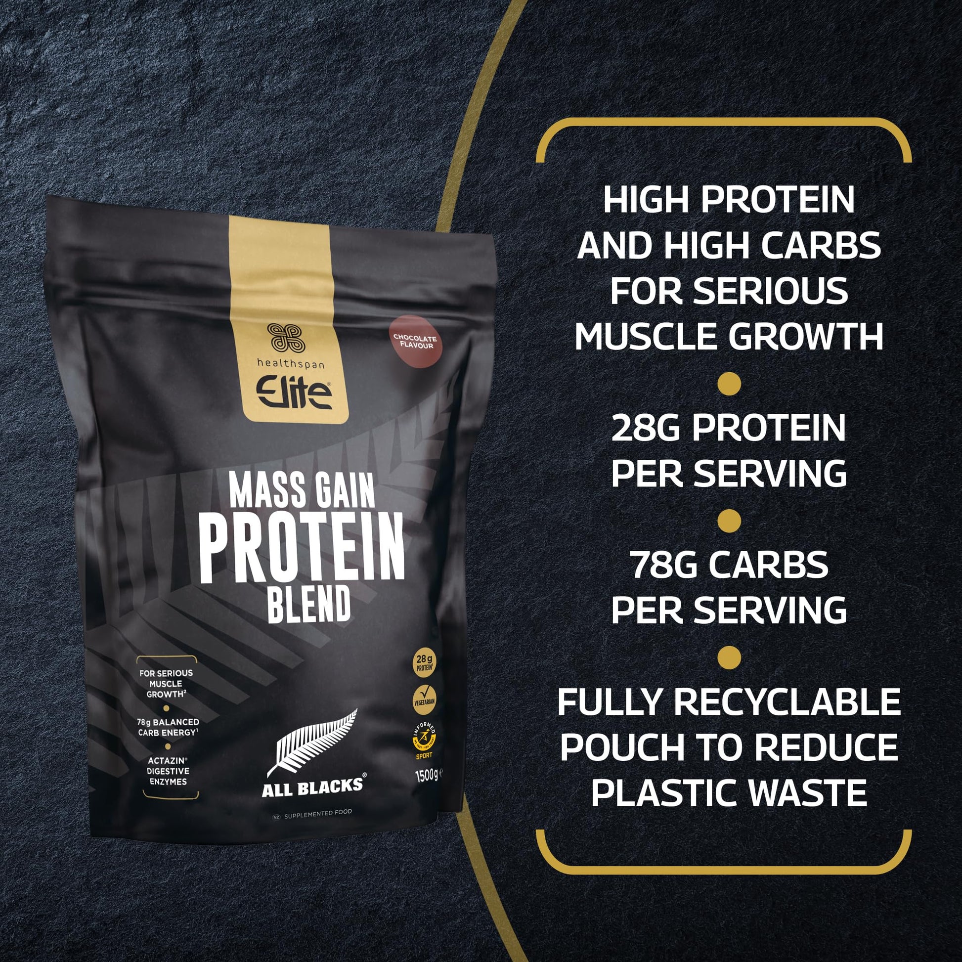 Healthspan Elite All Blacks Mass Gain Protein Blend (1500g) | Chocolate | 28g of Protein Healthspan EliteAu supplements
