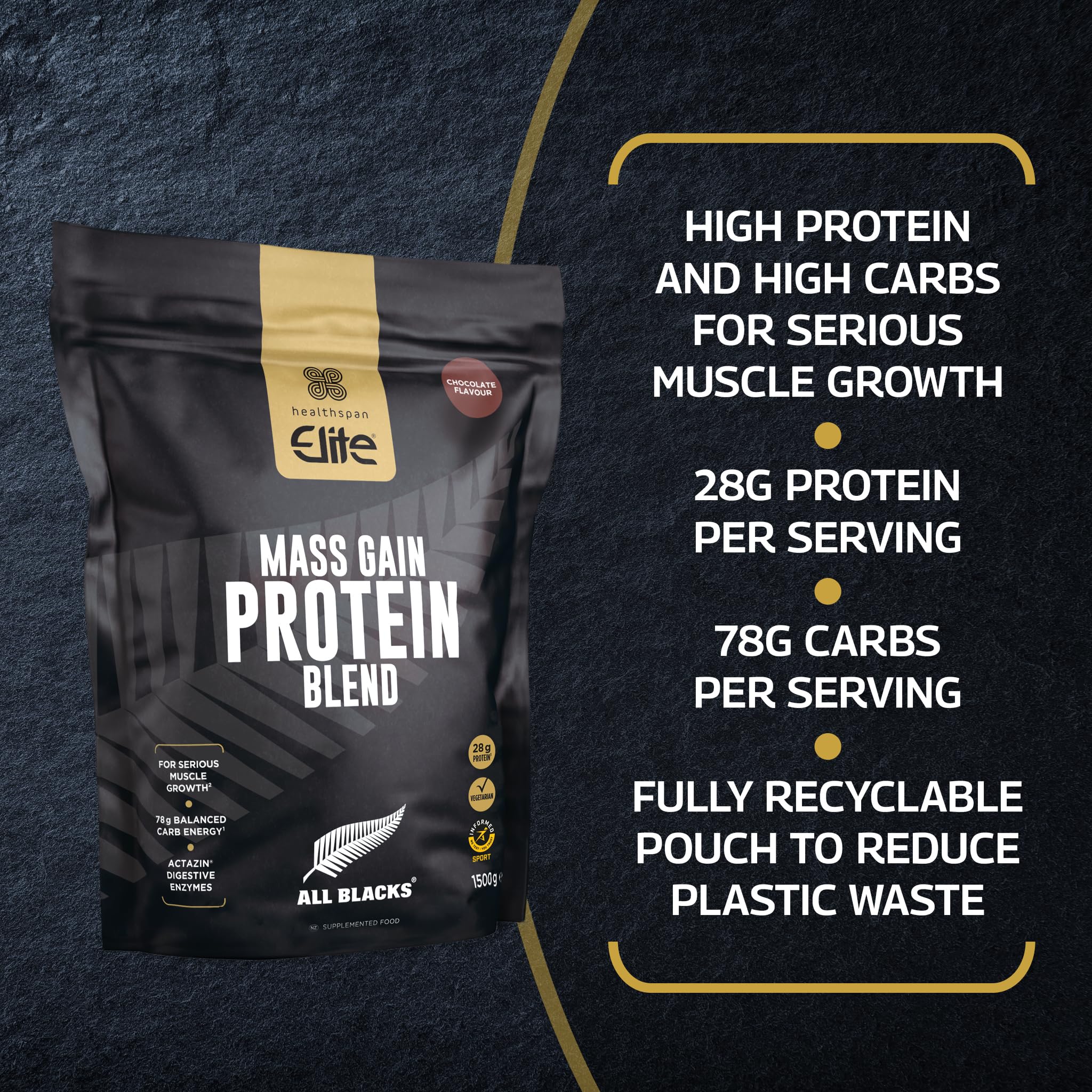 Healthspan Elite All Blacks Mass Gain Protein Blend (1500g) | Chocolate | 28g of Protein Healthspan EliteAu supplements