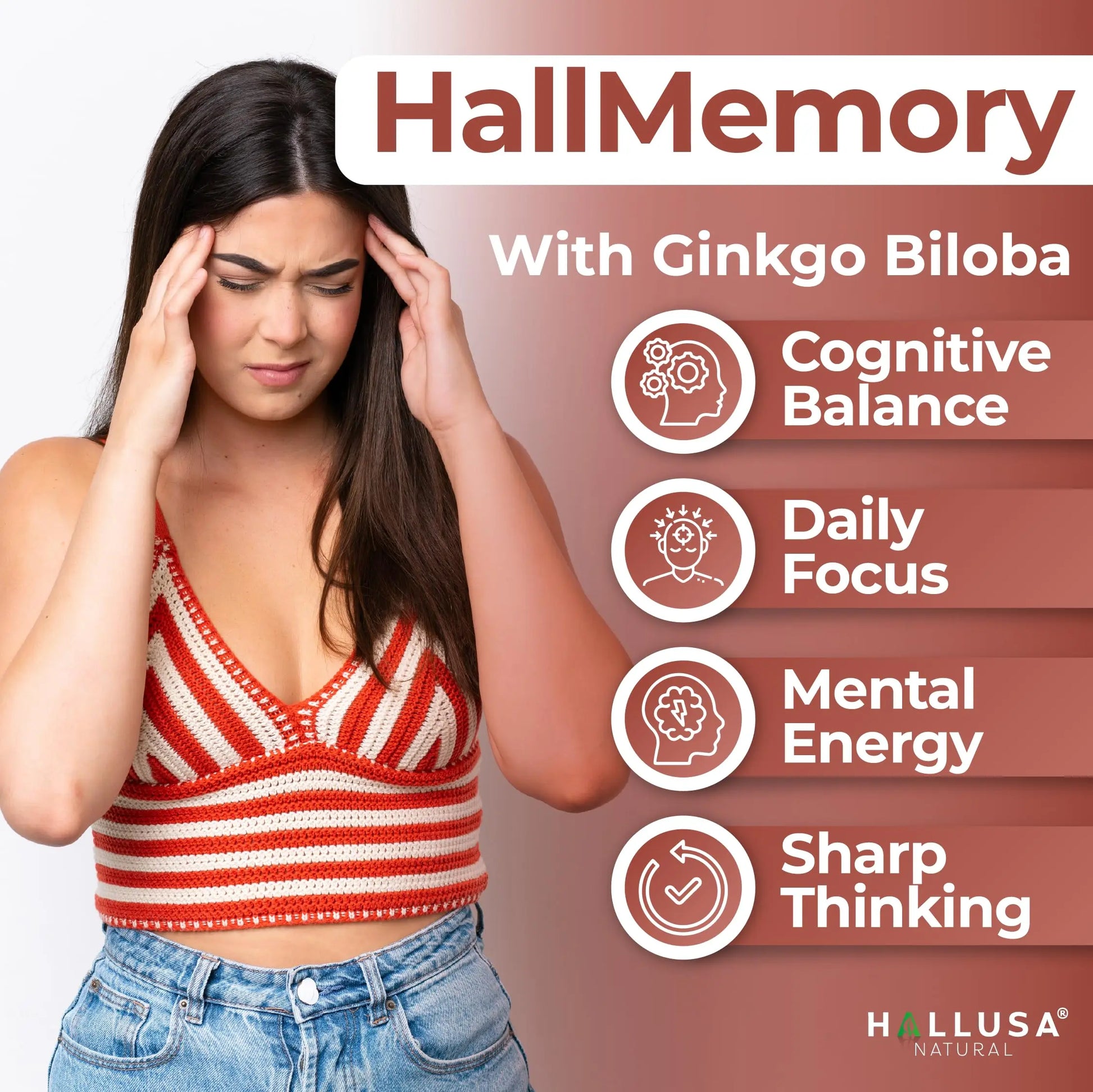 Hallusa Natural Brain Health Supplement Capsules 1680mg, Ginkgo Biloba, B Vitamins & Choline, Memory & Focus Support, Brain Booster for Men & Women, 60 Count Hallusa Naturalnz supplements