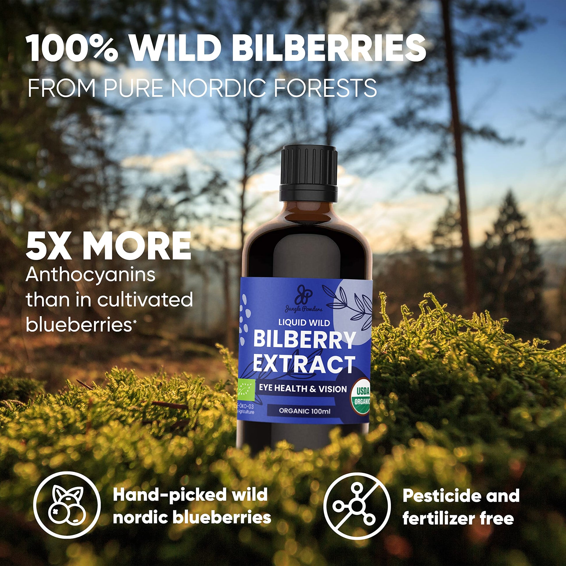 Grandpa Gifts from Granddaughter Wild Bilberry Extract USDA Organic Alcohol-Free 2x3.4oz Bottle of Liquid Bilberry Gift for Grandpa Health Gifts for Eyes High Bioavailability Liquid Extract 40 Serving Jungle PowdersAu supplements