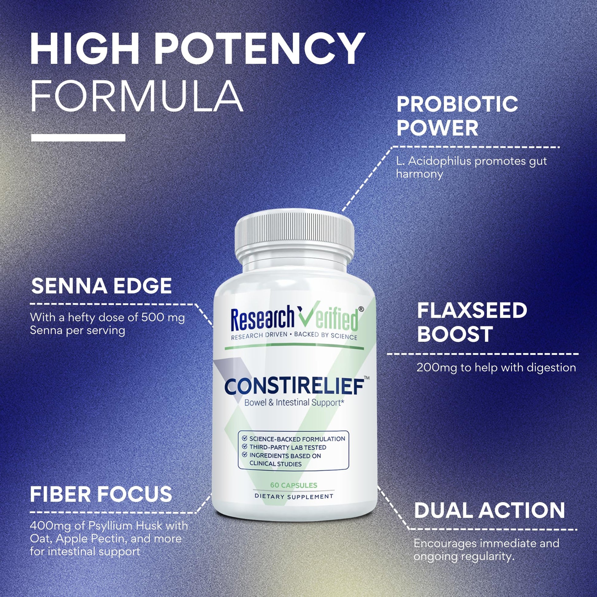 Research Verified ConstiRelief - The best Supplement for Constipation Relief on the market - with L. Acidophilus for long term health and prevention. 100% back guarantee! (Pack of 3) Research VerifiedAu supplements
