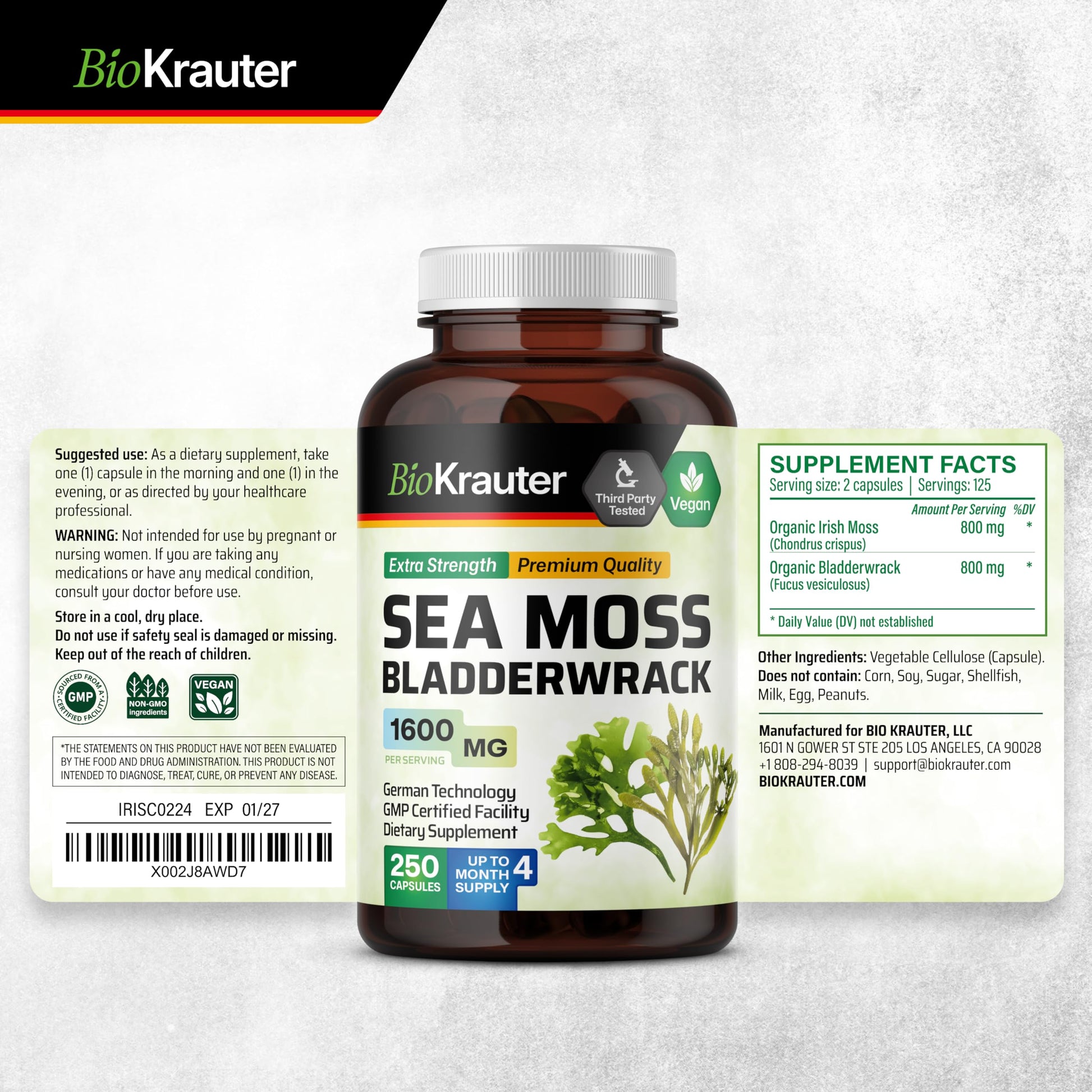 BIO KRAUTER® 2-in-1 Sea Moss for Thyroid Support - Vegan Bladderwrack & Sea Moss Capsules for Women & Men - Natural Сhondrus Сrispus Seaweed Supplement 1600 mg - 125 Days of Supply, Non-GMO BIO KRAUTERAu supplements