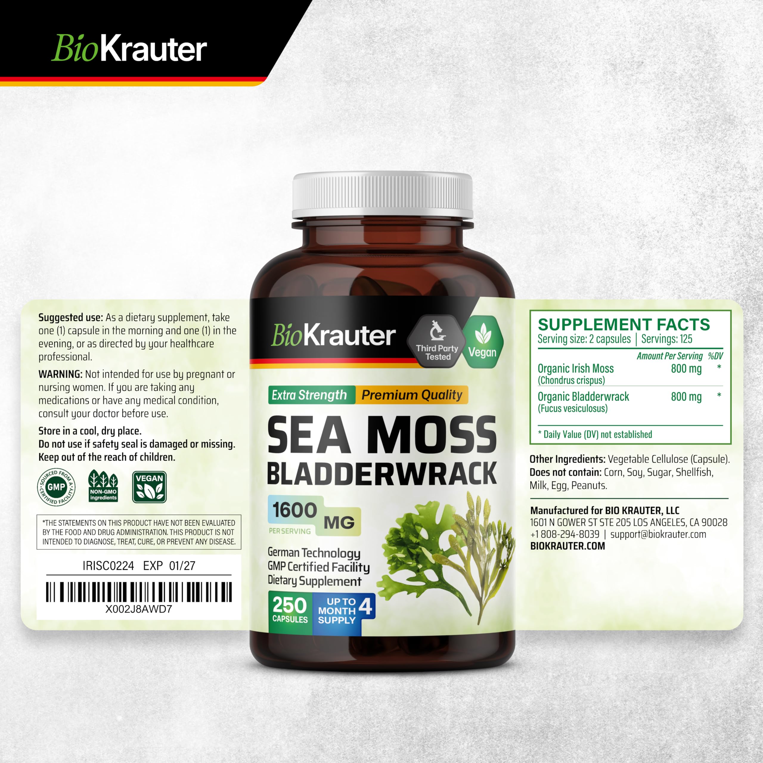 BIO KRAUTER® 2-in-1 Sea Moss for Thyroid Support - Vegan Bladderwrack & Sea Moss Capsules for Women & Men - Natural Сhondrus Сrispus Seaweed Supplement 1600 mg - 125 Days of Supply, Non-GMO BIO KRAUTERAu supplements