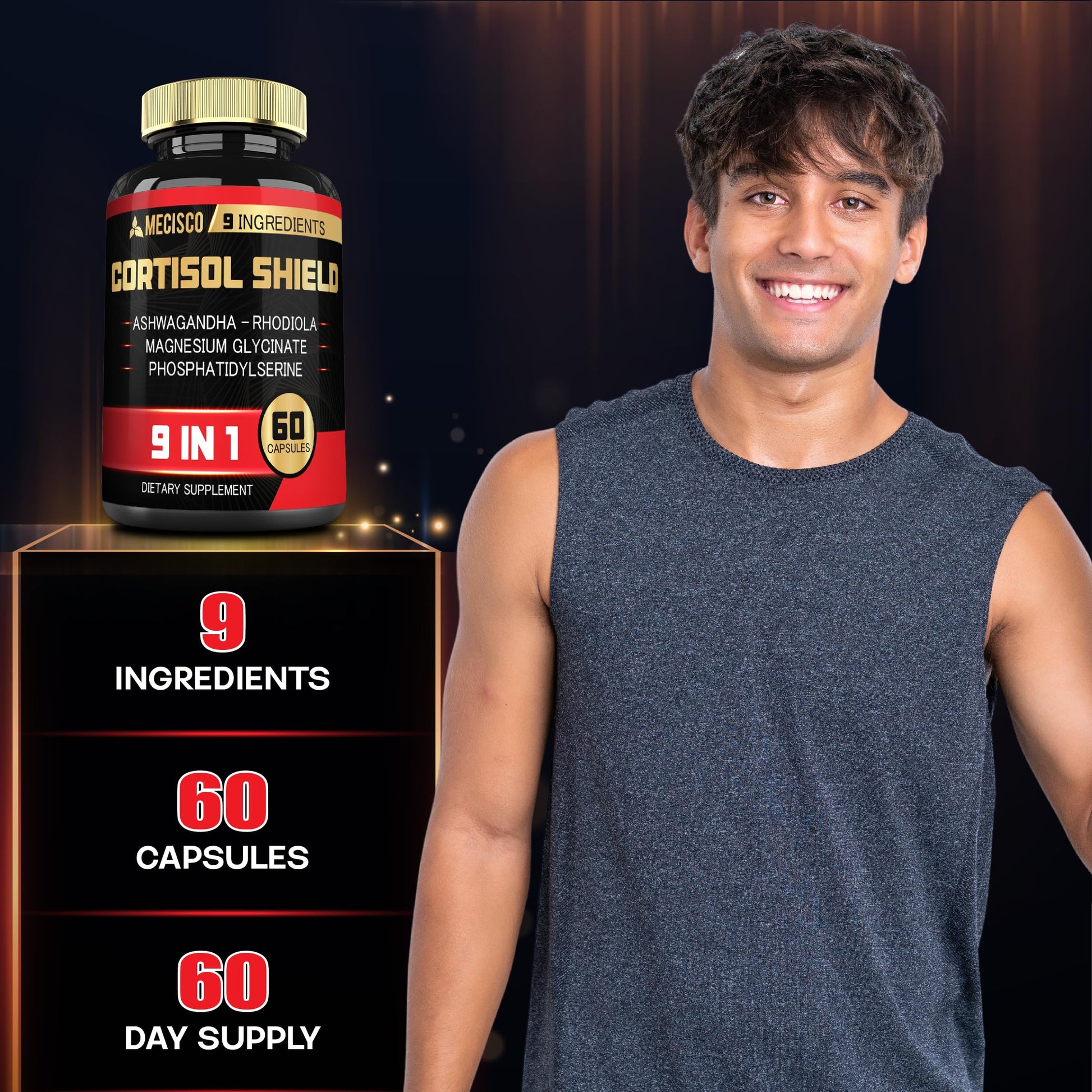 9in1 Cortisol Shield - Ashwagandha & Magnesium Glycinate, Rhodiola, Phosphatidylserine, L-Theanine, Licorice Root, St. John's Wort, Lions Mane - Mind & Mood, Restful Night Support - 60 Capsules MeciscoAu supplements