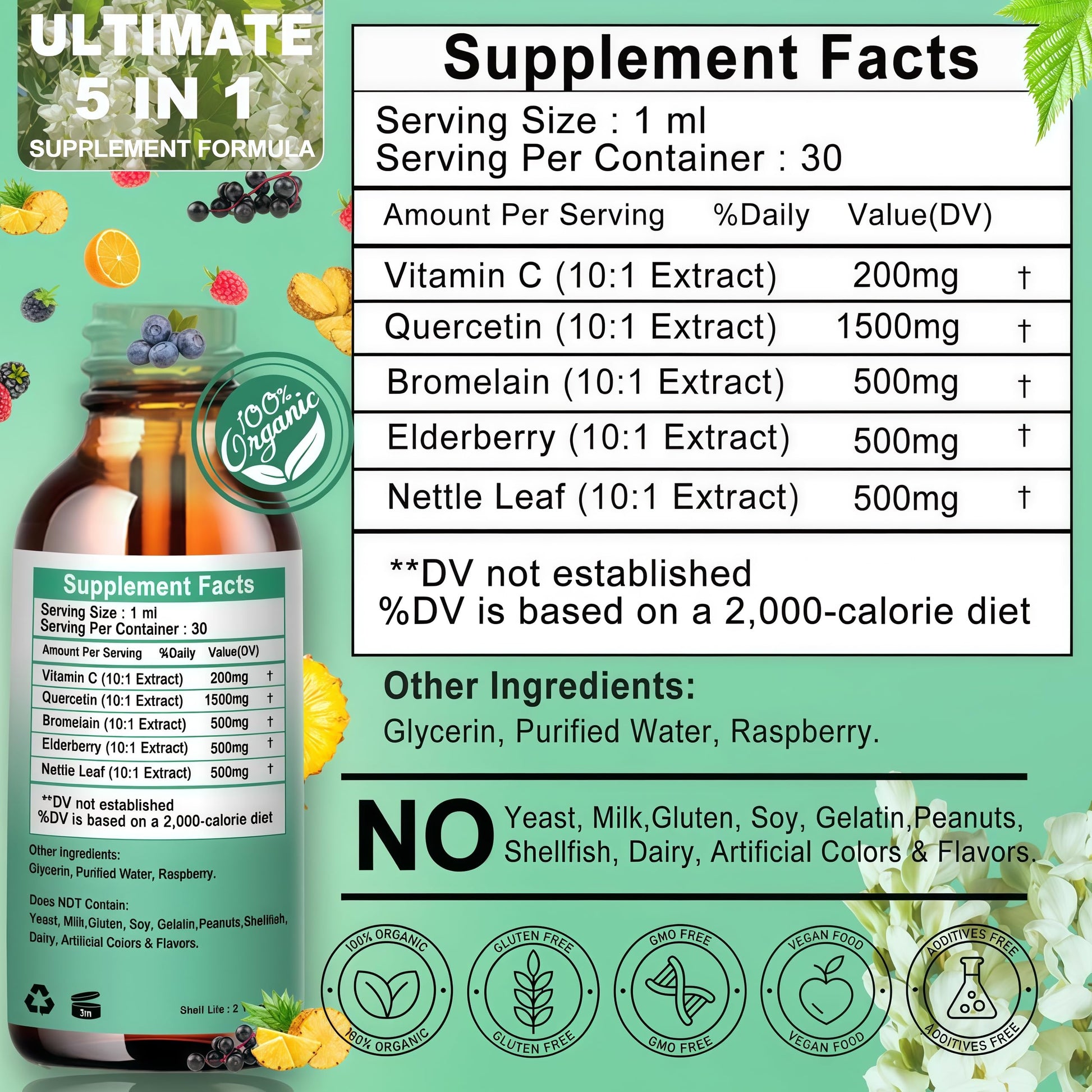 Quercetin Liquid Drops, Quercetin with Bromelain Elderberry Nettle Leaf Vitamin C Liquid Supplements, High Absorption Quercetin Liquid Drops for Women Men, Healthy Immune Antioxidant Support, Non-GMO Vita letuoAu supplements