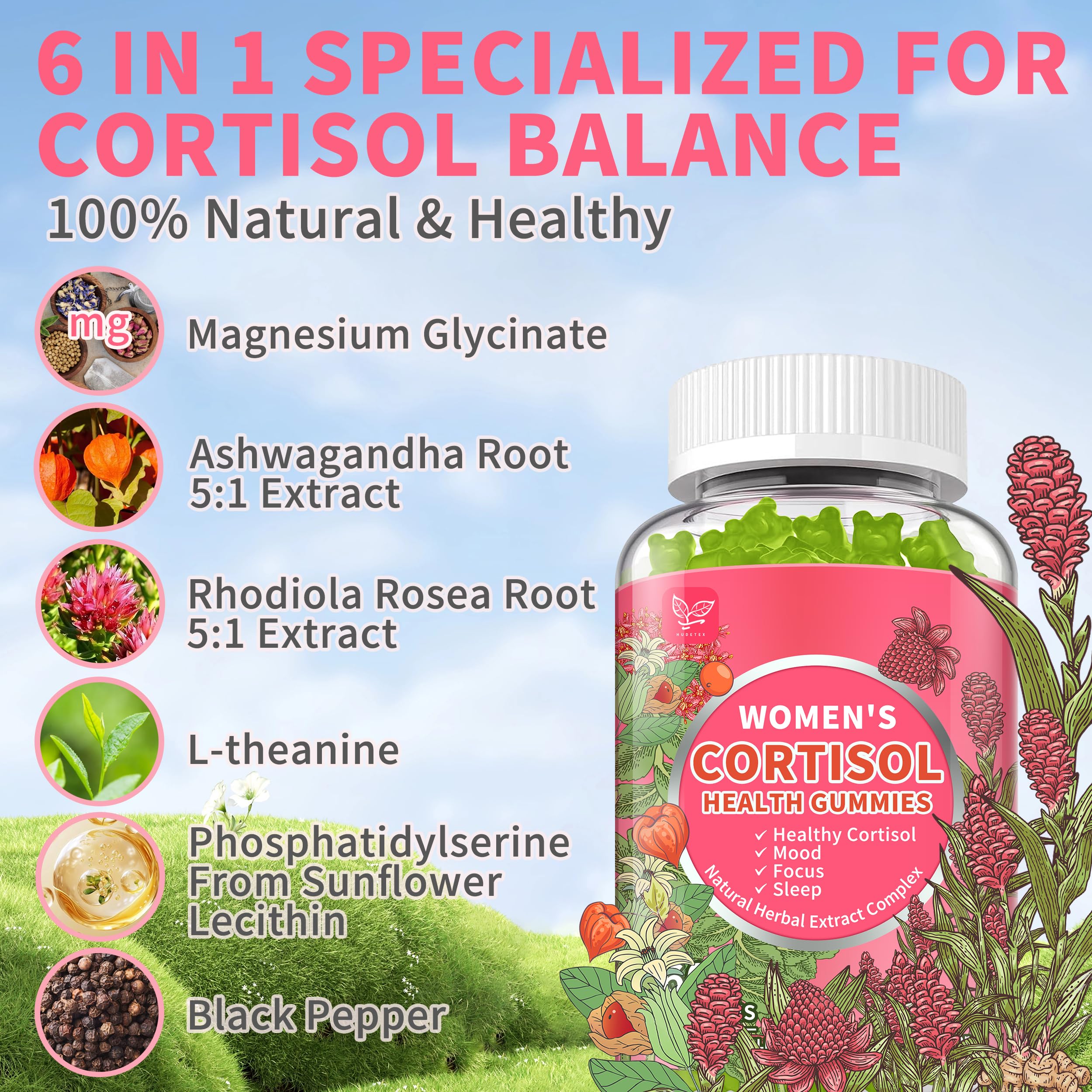 Cortisol Gummies for Women,Cortisol Manager with Ashwagandha,Magnesium,L-theanine,Phosphatidylserine,Rhodiola Rosea,Black Pepper for Mood Support,Adrenal Balance,Sleep,Vegan,Apple Flavor,60 Count HudetexAu supplements