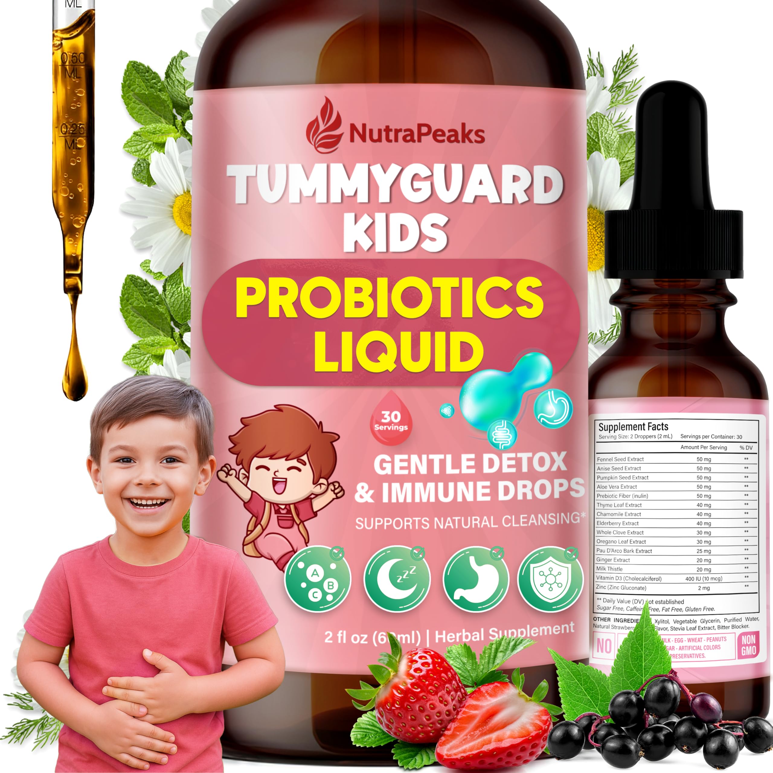 NutraPeaks Kids Liquid Botanical Drops – Natural Blend with Prebiotics, Chamomile, Ginger & Elderberry – Sugar-Free, Alcohol-Free, Non-GMO – 2 fl oz NutraPeaksAu supplements