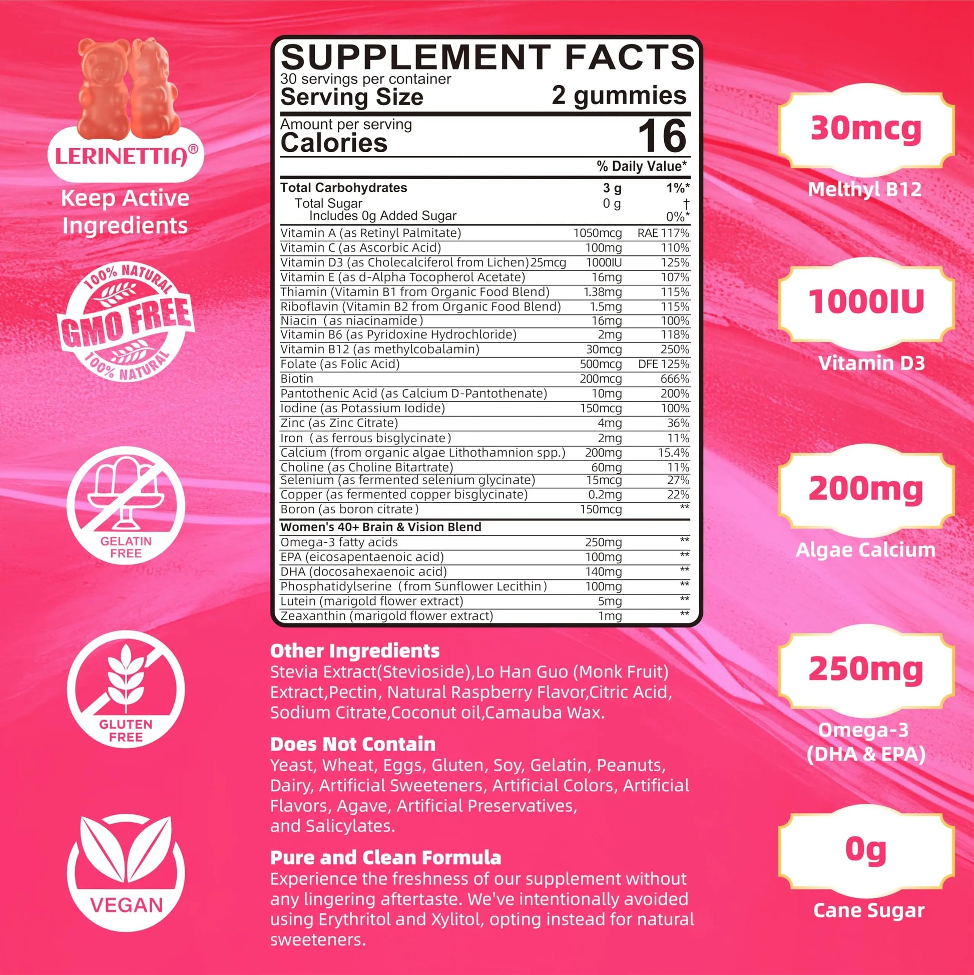 Lerinettia Multivitamin for Women Gummies for 40+ with Omega-3, Niacinamide, B-Complex, Lutein, Iron, Choline, Phosphatidylserine, Vitamin D3 LerinettiaAu supplements
