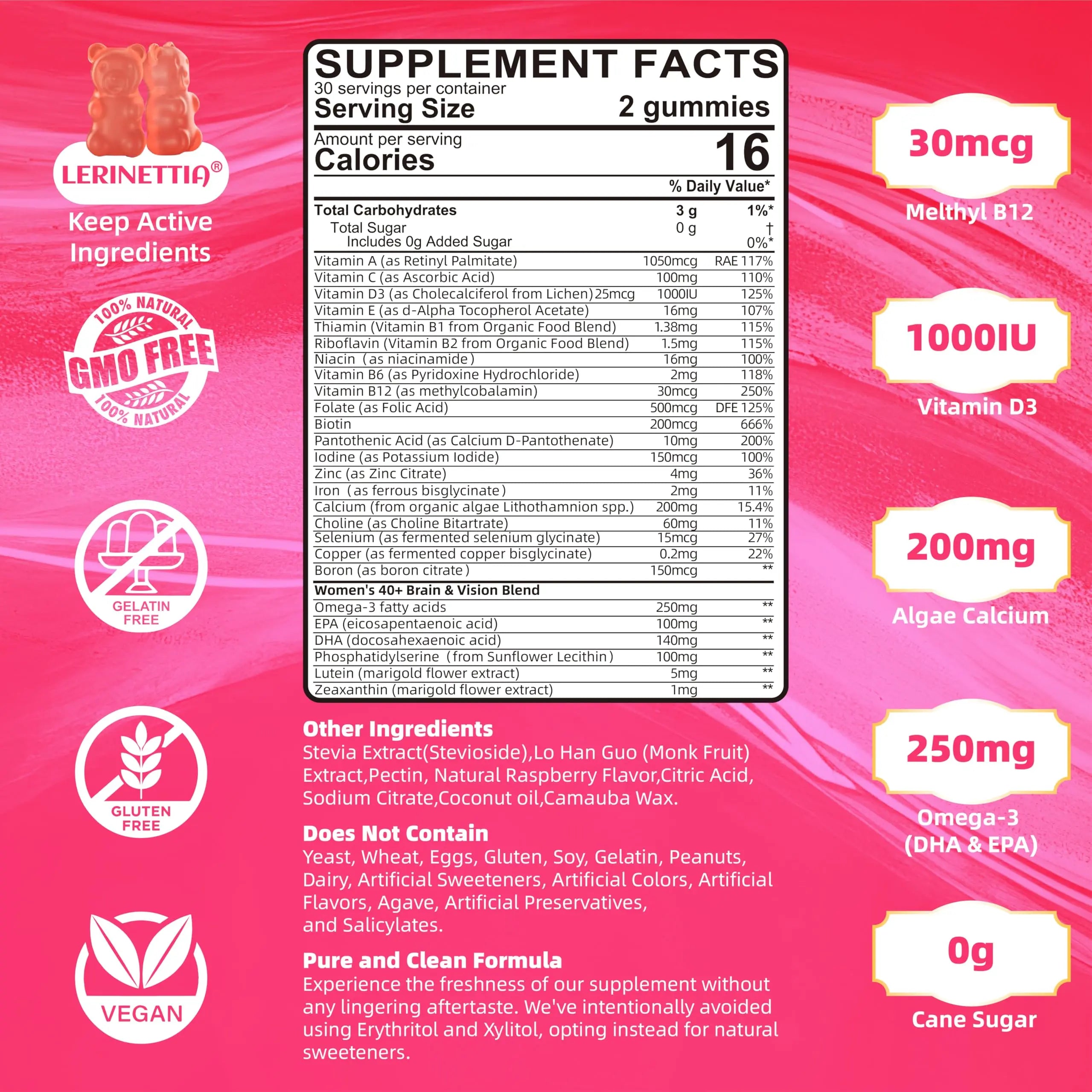 Lerinettia Multivitamin for Women Gummies for 40+ with Omega-3, Niacinamide, B-Complex, Lutein, Iron, Choline, Phosphatidylserine, Vitamin D3 LerinettiaAu supplements