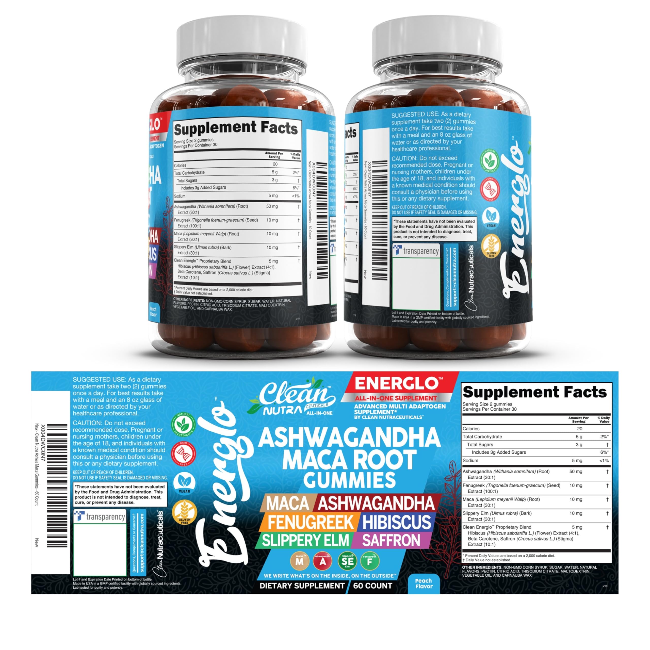 Ashwagandha Maca Root Gummies with Fenugreek Hibiscus Slippery Elm Saffron Extract & Beta Carotene | Peach Flavor Vegan Gummy Vitamins Adaptogen Cortisol Supplement Energlo by Clean Nutra Clean NutraceuticalsAu supplements