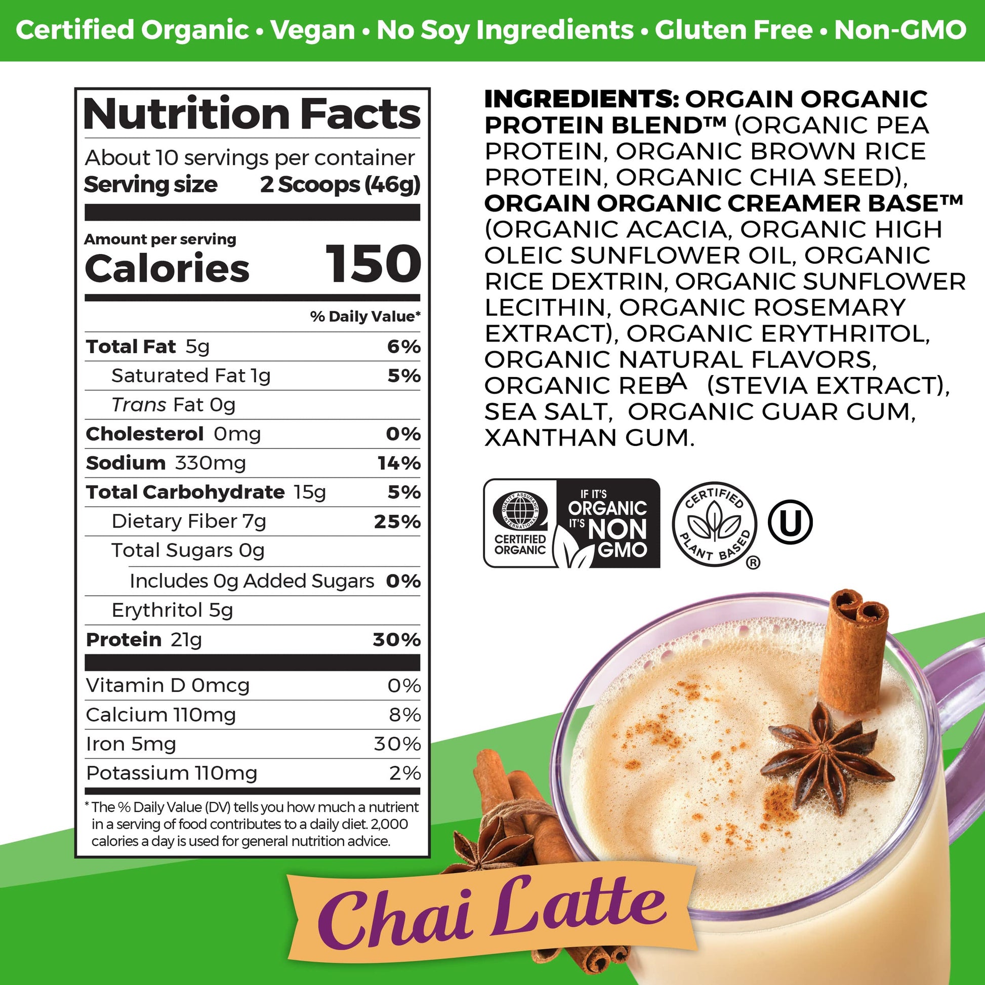 Orgain Organic Vegan Protein Powder, Chai Latte - 21g Plant Based Protein, Gluten Free OrgainUS supplements