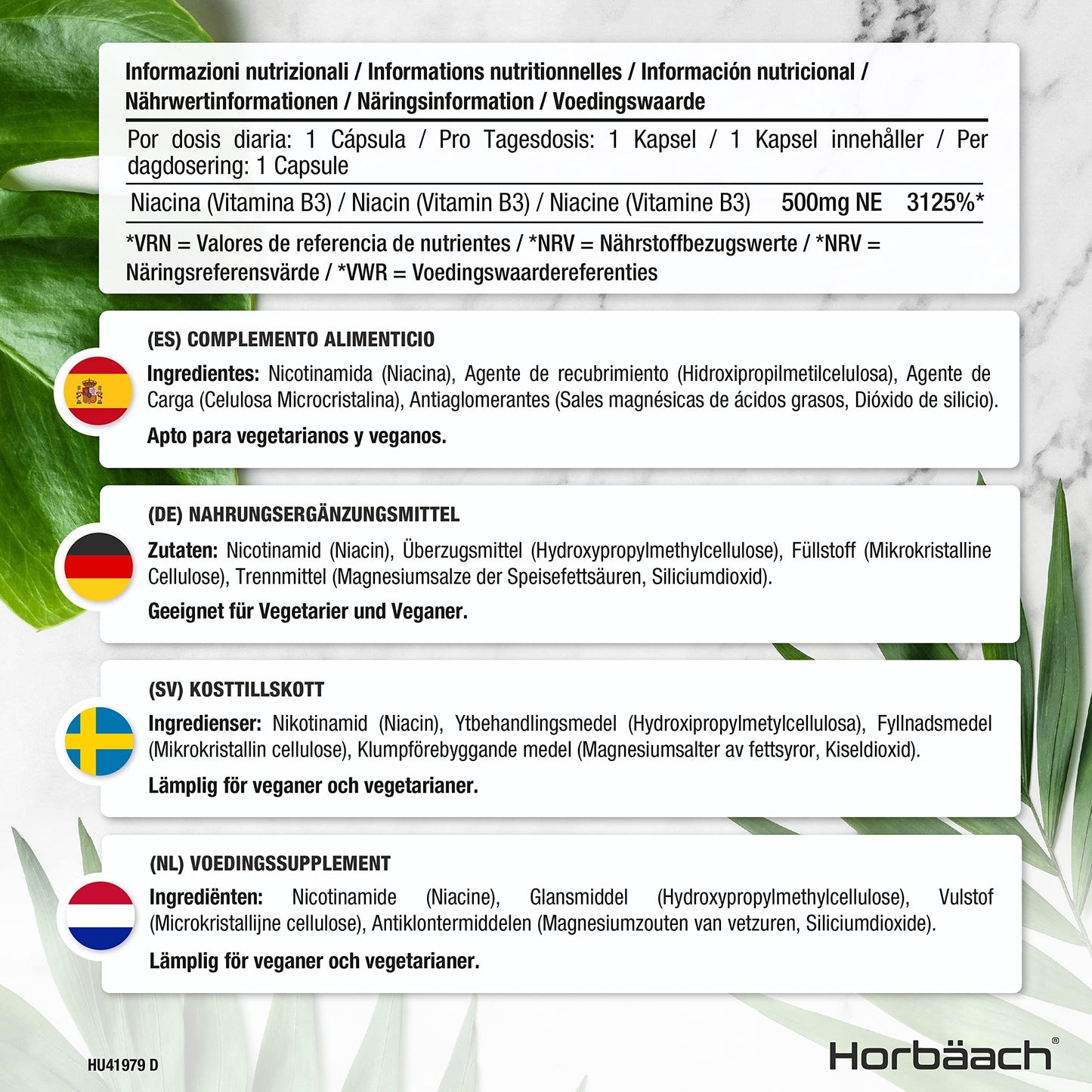 Vitamin B3 Niacin 500mg | 90 Vegan Capsules | Flush Free Nicotinamide Supplement HorbäachUS supplements
