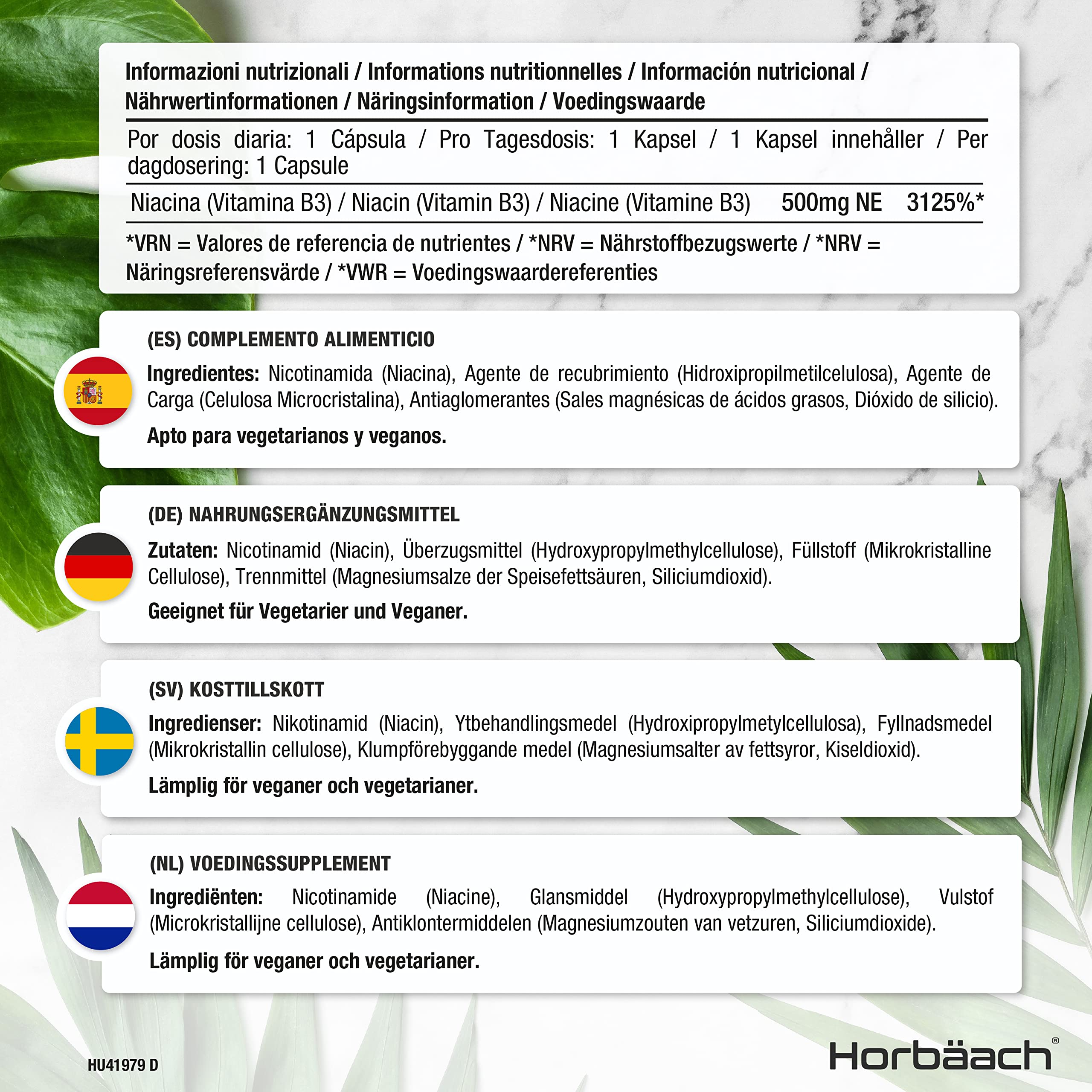 Vitamin B3 Niacin 500mg | 90 Vegan Capsules | Flush Free Nicotinamide Supplement HorbäachUS supplements