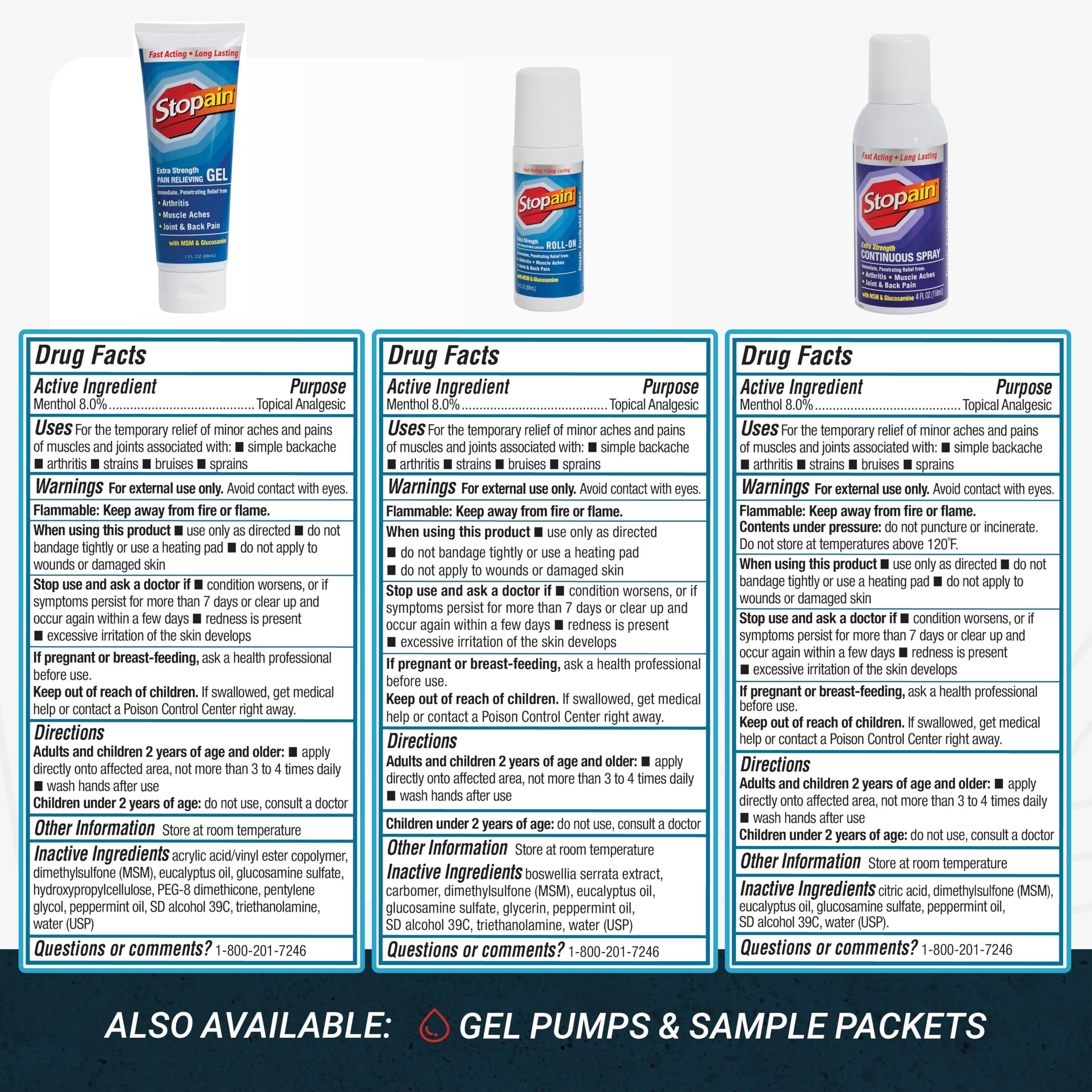 Stopain Pain Relief Combo Set (Gel, Roll On, Spray) USA Made, Max Strength Fast Acting with MSM, Glucosamine, Menthol for Lower Back, Knee, Neck HSA FSA Topical Analgesic Products StopainAu supplements