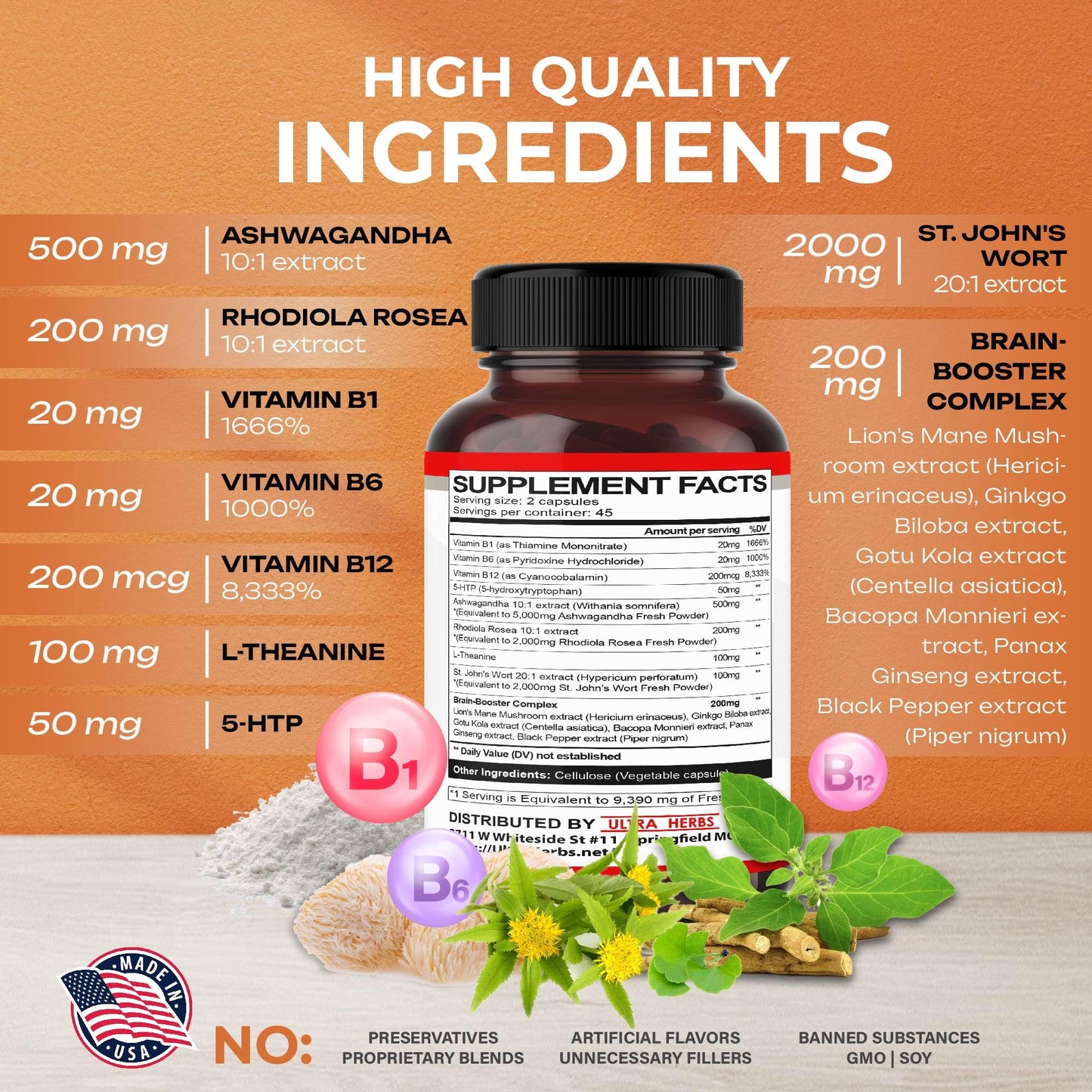 Dopamine Focus Supplement Ashwagandha 5000mg 5-HTP 50mg Rhodiola Rosea 2000mg ULTRA HERBSUS supplements