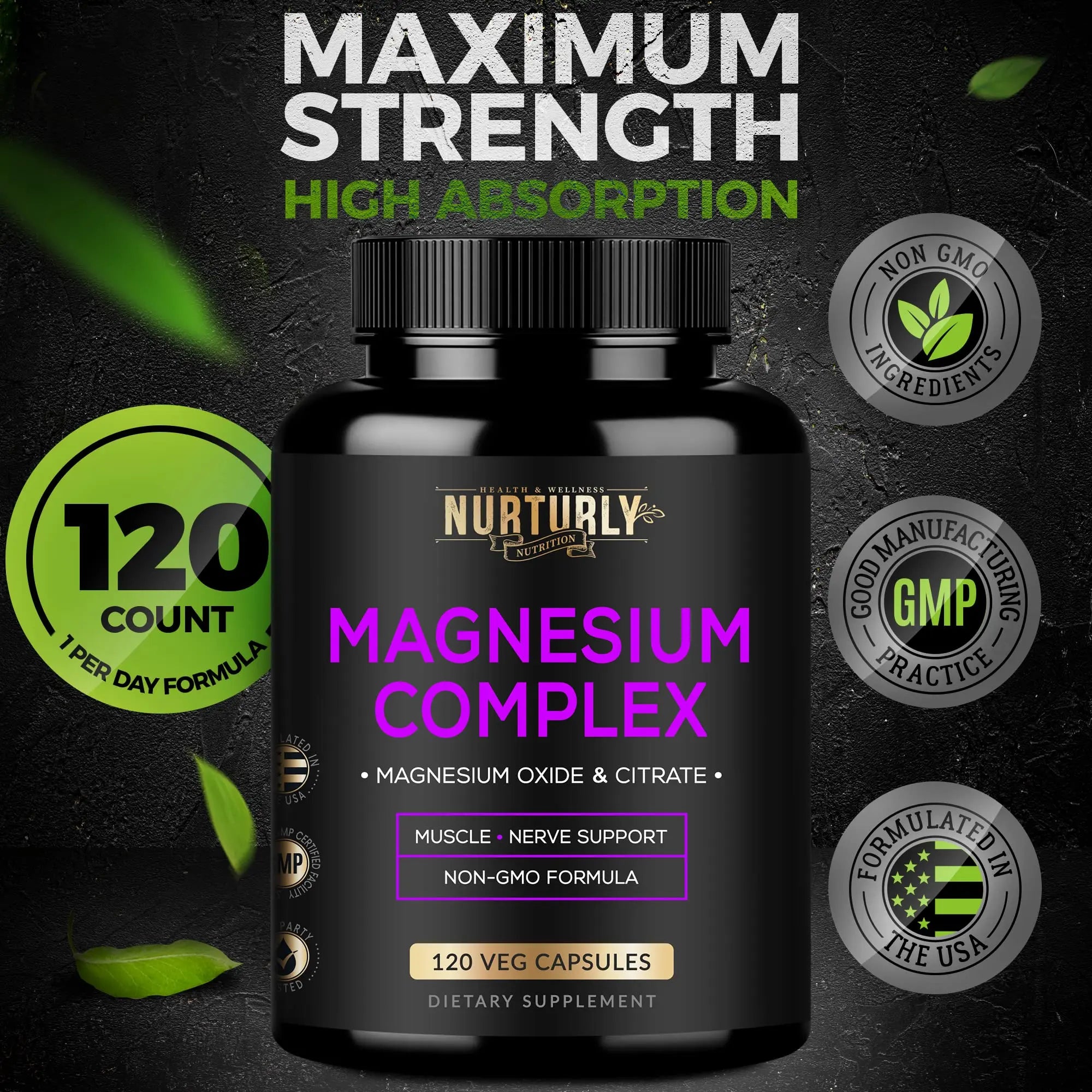 Magnesium Citrate & Oxide 500mg Complex Supplement - High Absorption Maximum Strength - Helps Support Bone Density and Strength, Muscles, Energy and Sleep - 120 Vegan Capsules NURTURLYnz supplements