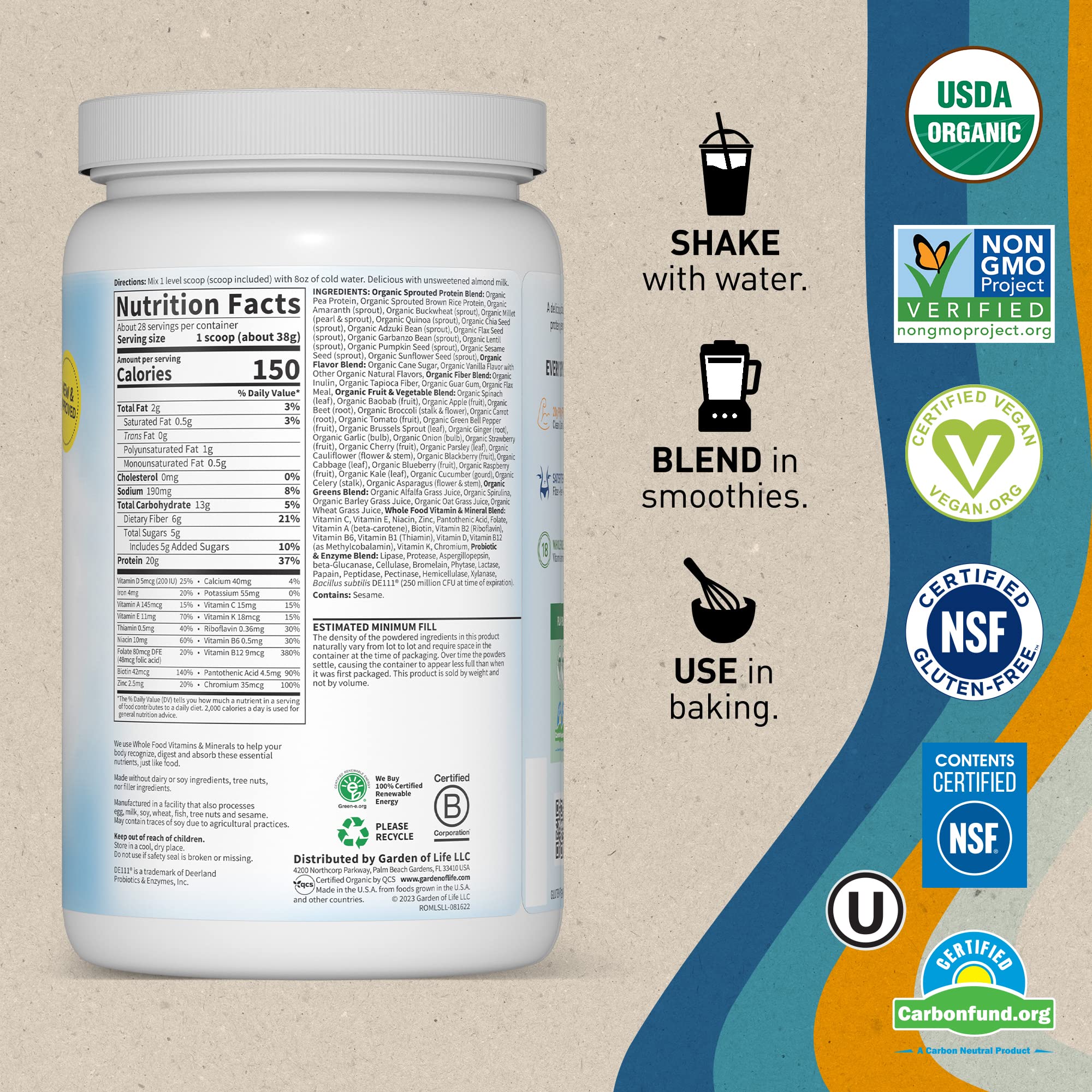 Garden of Life Vegan Protein Powder - Raw Organic Meal Replacement Shakes Garden of LifeUS supplements