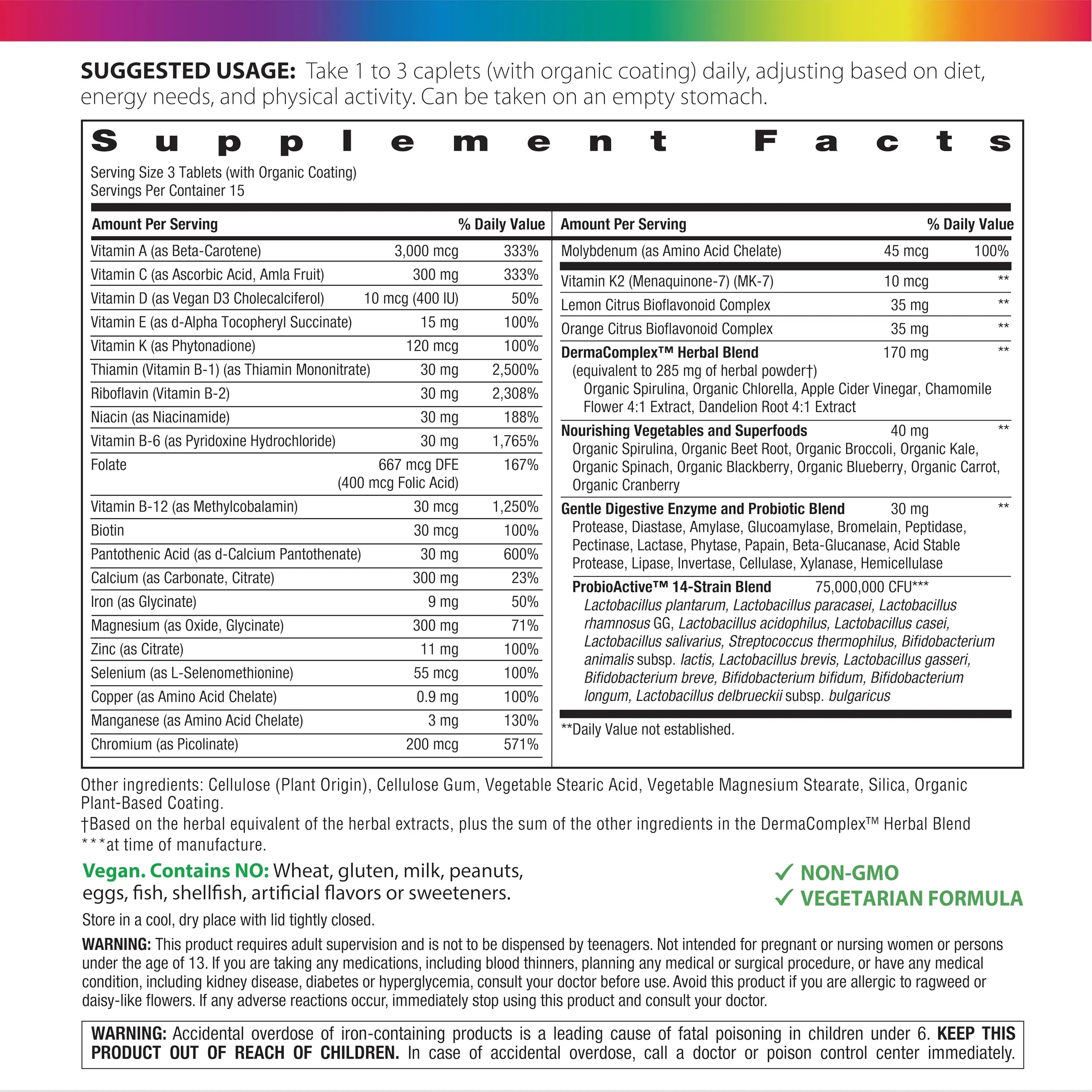 Rainbow Light Teen Multivitamin | 45 Caplets | for Boys and Girls | with DermaComplex, Real Food Nutrients & Iron | Rainbow LightAu supplements
