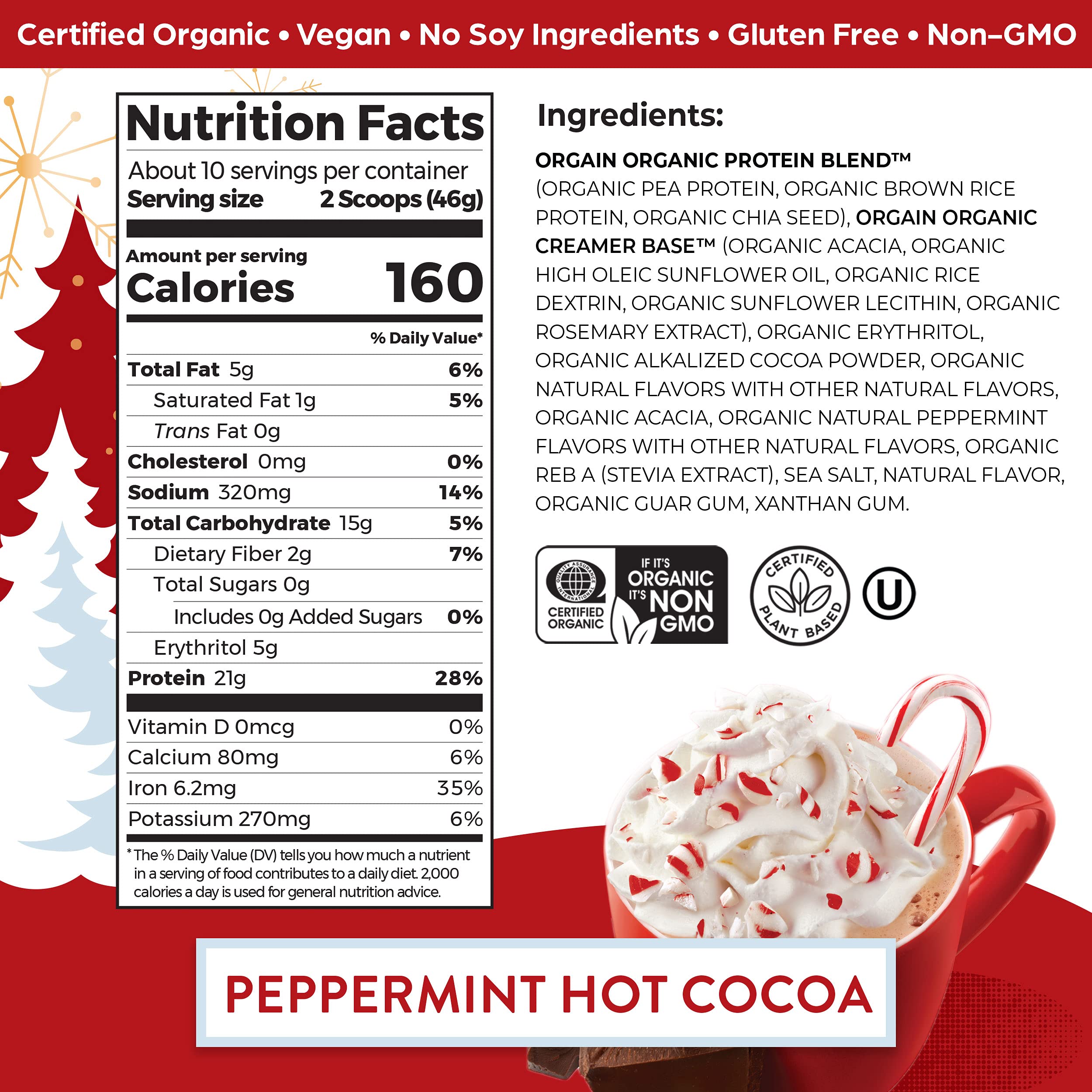 Orgain Organic Vegan Protein Powder, Peppermint Hot Cocoa Seasonal Holiday Flavor OrgainUS supplements