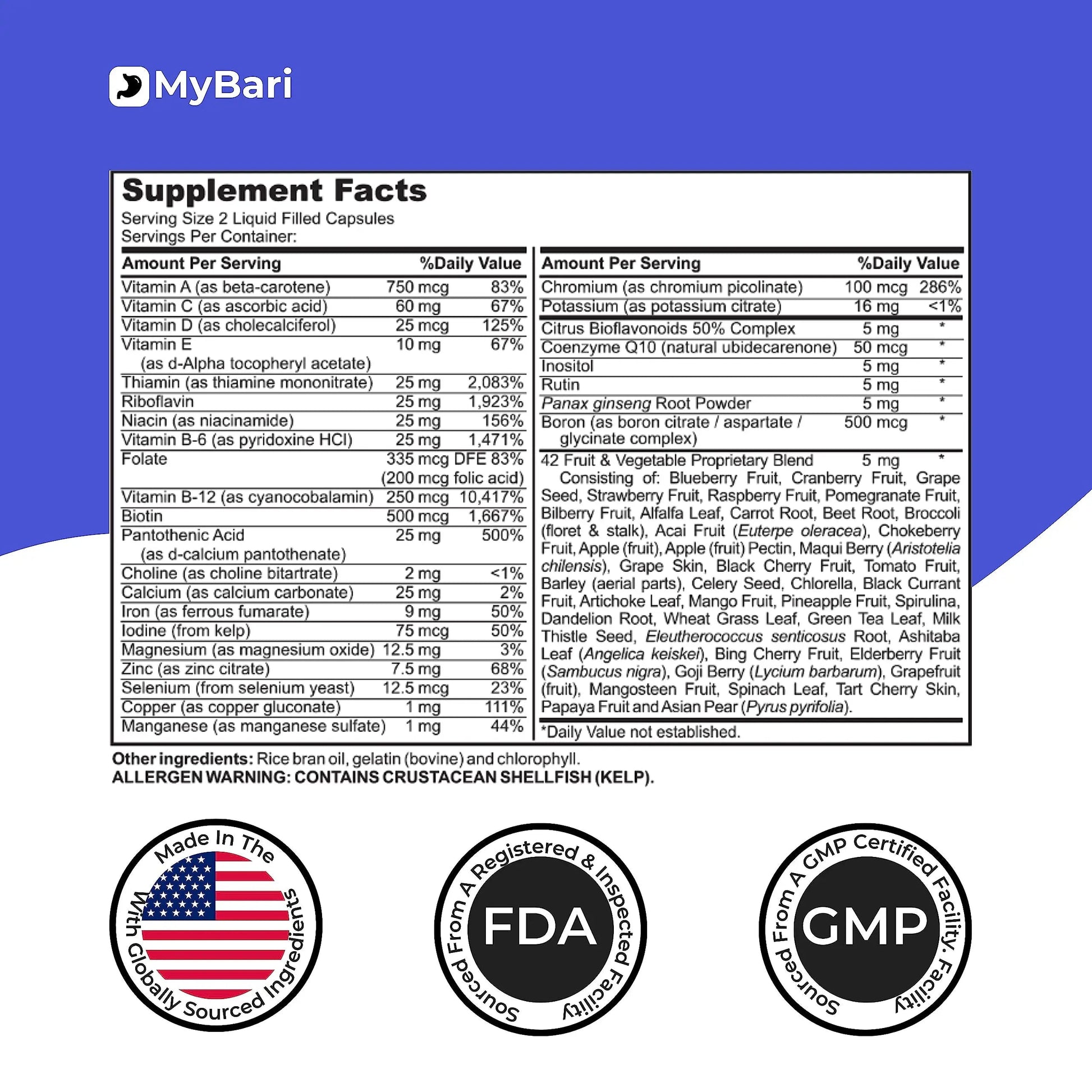 MyBari All-in-One Bariatric Multivitamin with Iron - Made in USA - for Men & Women - Supports Gastric Sleeve & Bypass with 42+ Fruit & Veggie Blend - 60 Liquid Capsules MyBariAu supplements