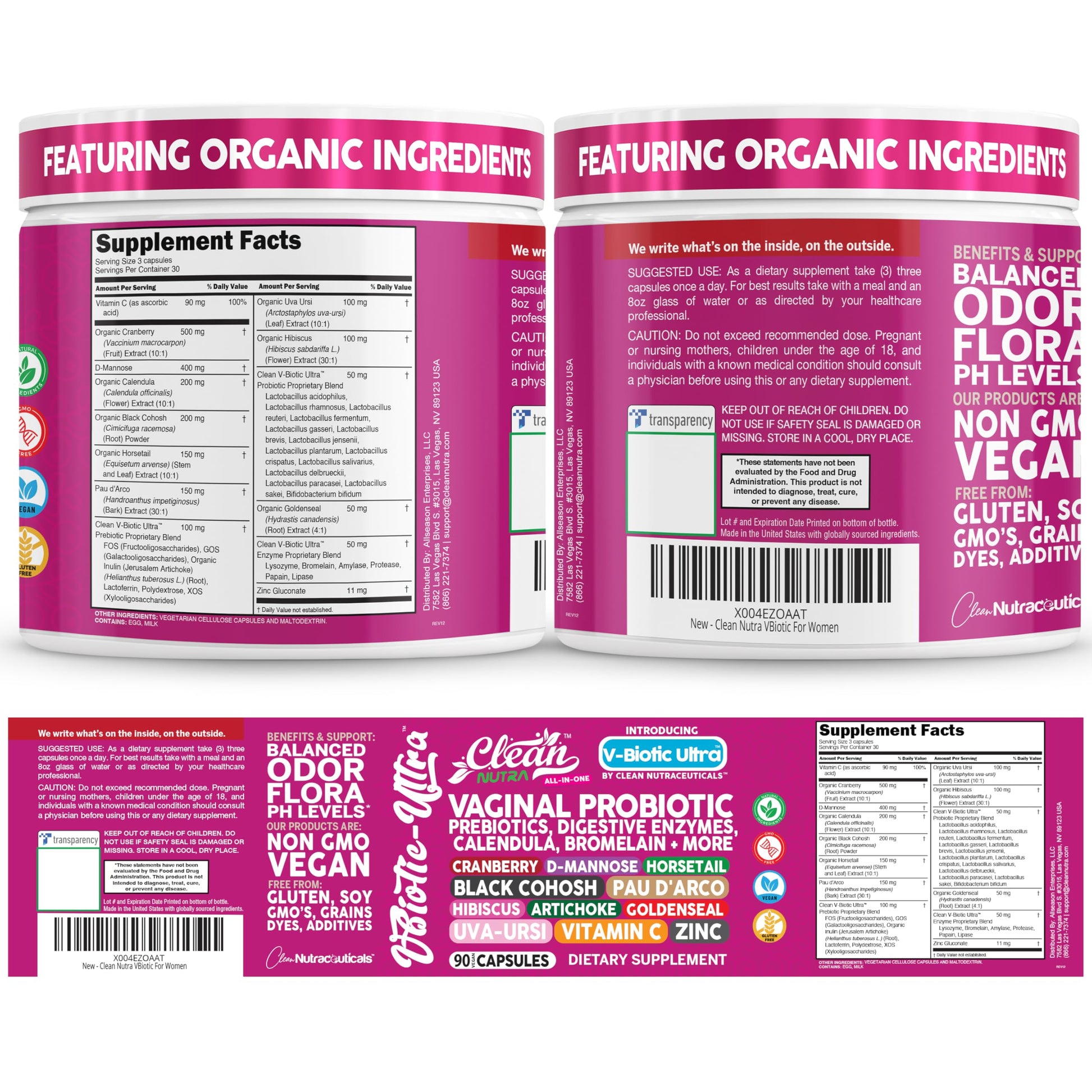 Clean Nutra Vaginal Probiotics for Women + Prebiotics Digestive Enzymes Bromelain Cranberry D Mannose Horsetail Black Cohosh Artichoke Hibiscus Flowers Probiotic for Digestive Health 90 Vegan Capsules Clean NutraceuticalsAu supplements