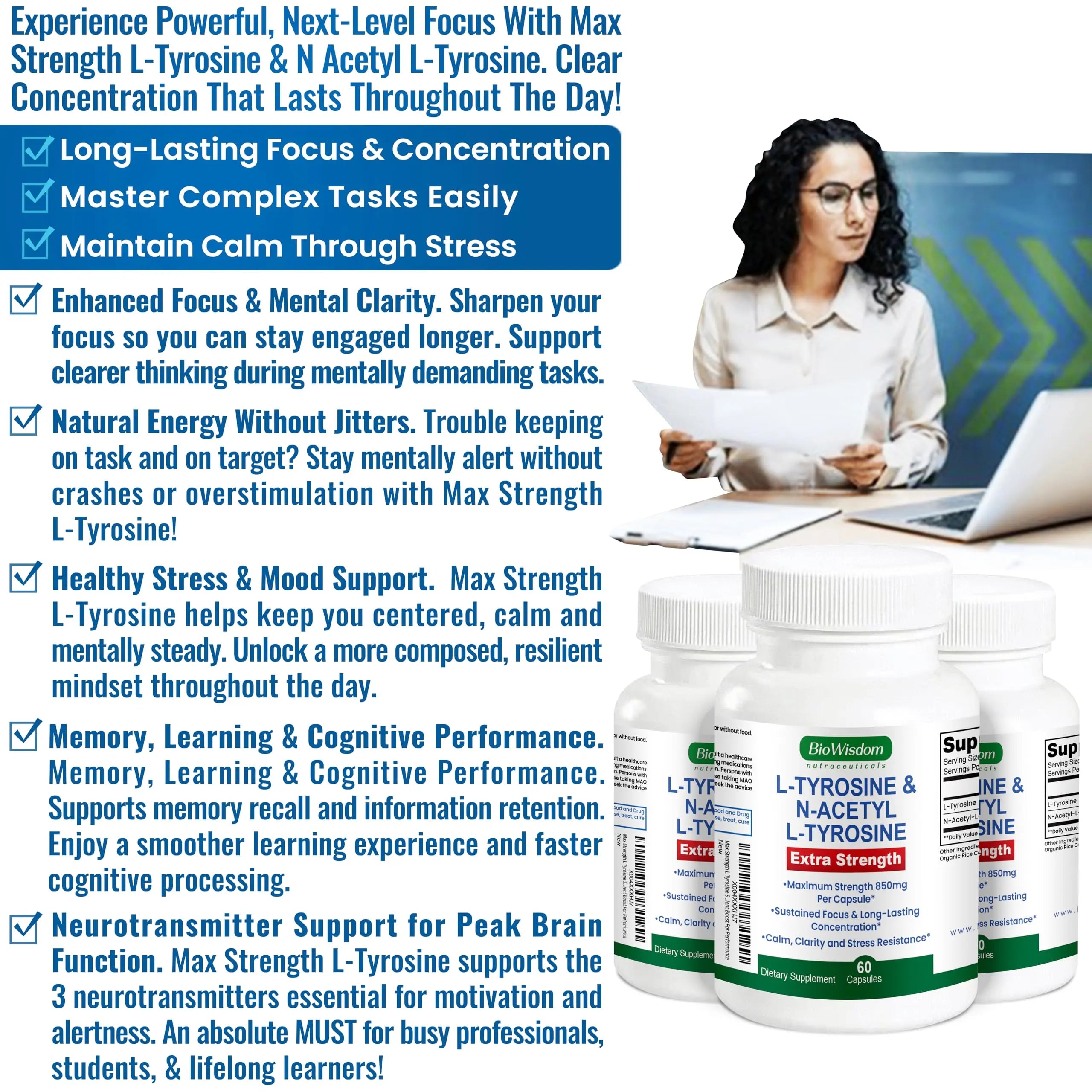 Max Strength L Tyrosine Supplement & N Acetyl L Tyrosine Peak Focus, Alertness, Concentration, Body & Mind Energy. L-Tyrosine 850mg Per 1 Capsule. A Well-Being Nutrient Boost For Performance BioWisdom NutraceuticalsAu supplements