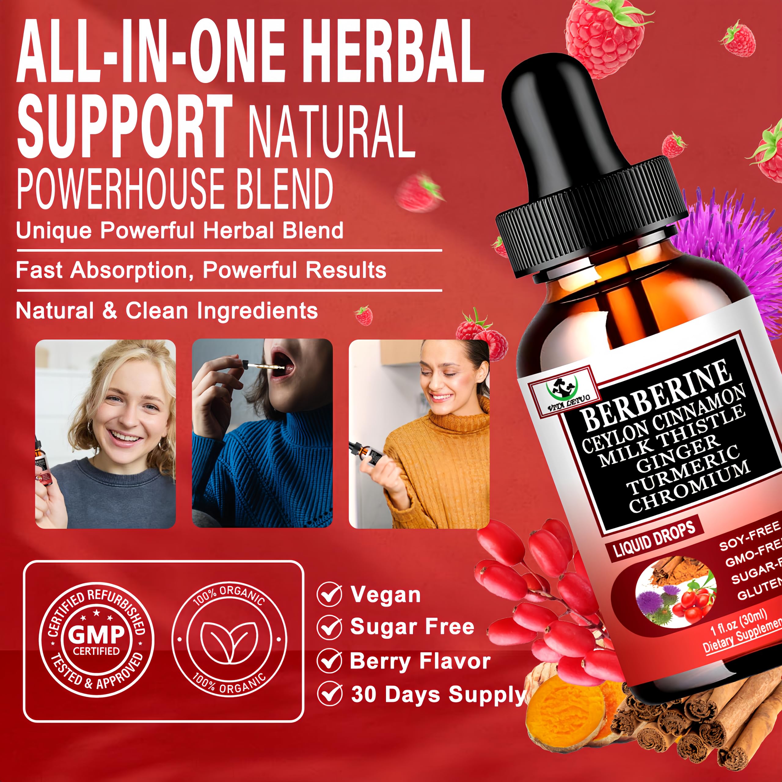 Berberine Drops, High Absorption 6-in-1 Liquid Berberine Supplement with Ceylon Cinnamon Milk Thistle Turmeric, Premium Berberine HCl for Immune Function Metabolic & Digestive Support, 30 Servings Vita letuoAu supplements