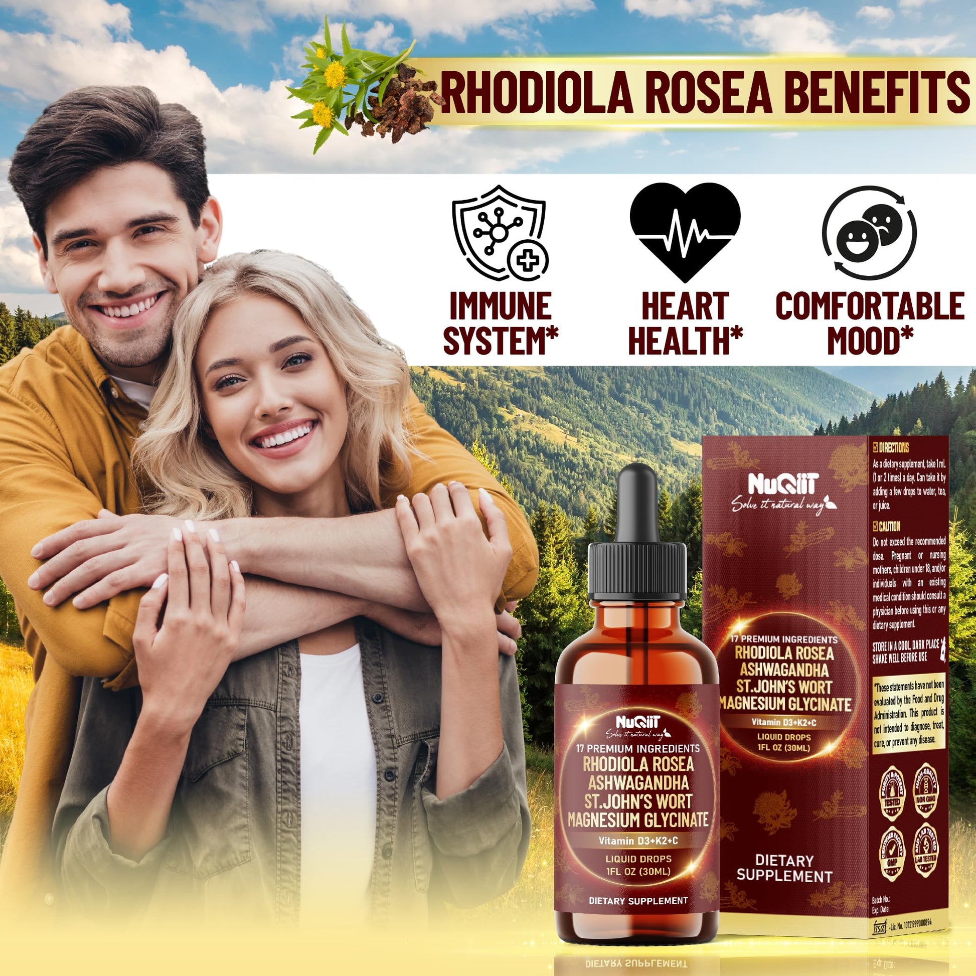NUQIIT 17in1 Rhodiola Rosea Liquid Drops Tincture w/Ashwagandha Magnesium, L-Theanine. Ultra Rhodiola Cortisol Supplement, Rhodiola Root for Mood, Energy - 1 FL Oz - 60 Day Supply NUQIITAu supplements