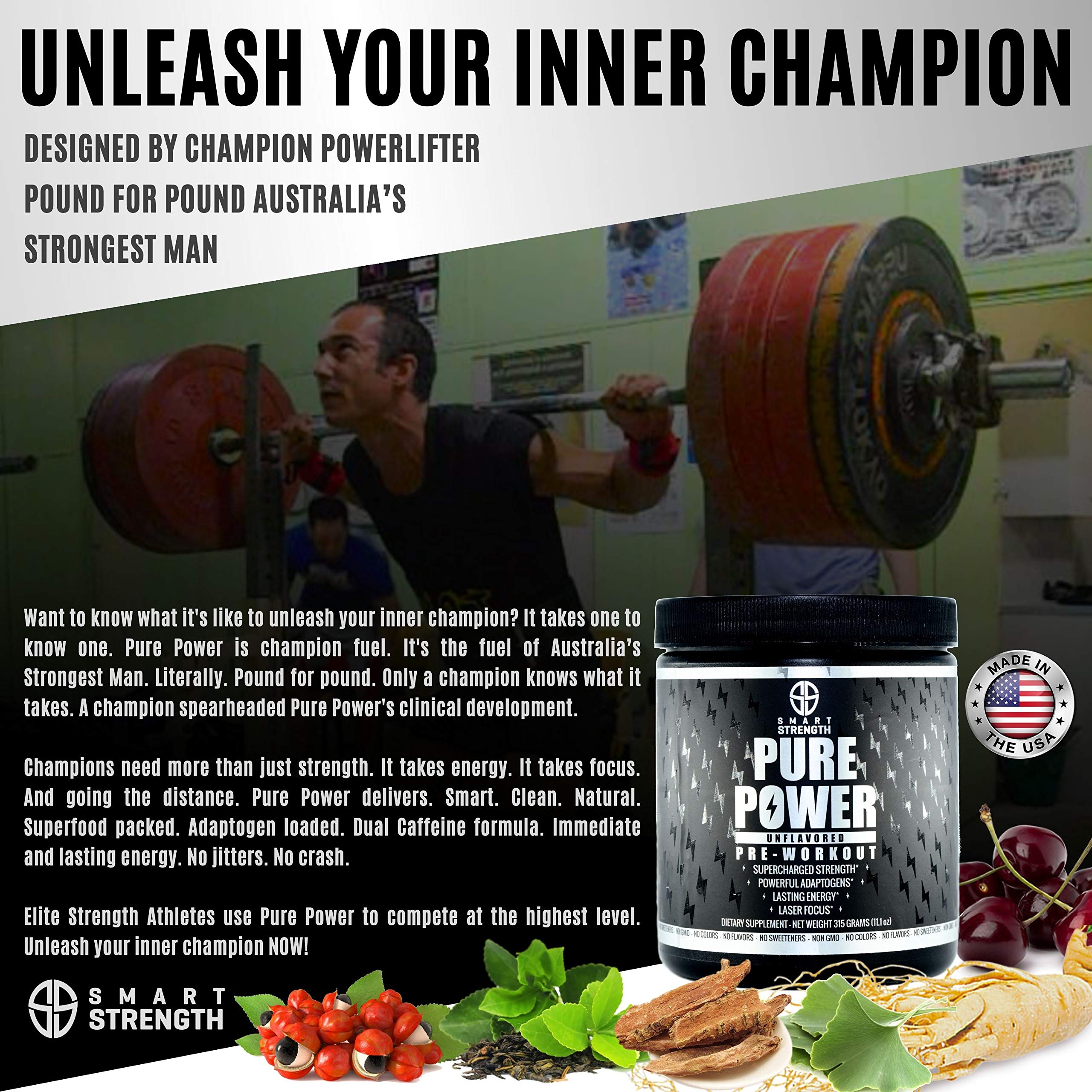 Pre Workout, Best All Natural PreWorkout Supplement. Pure Power, Healthy Pump, Clean SMART STRENGTHAu supplements