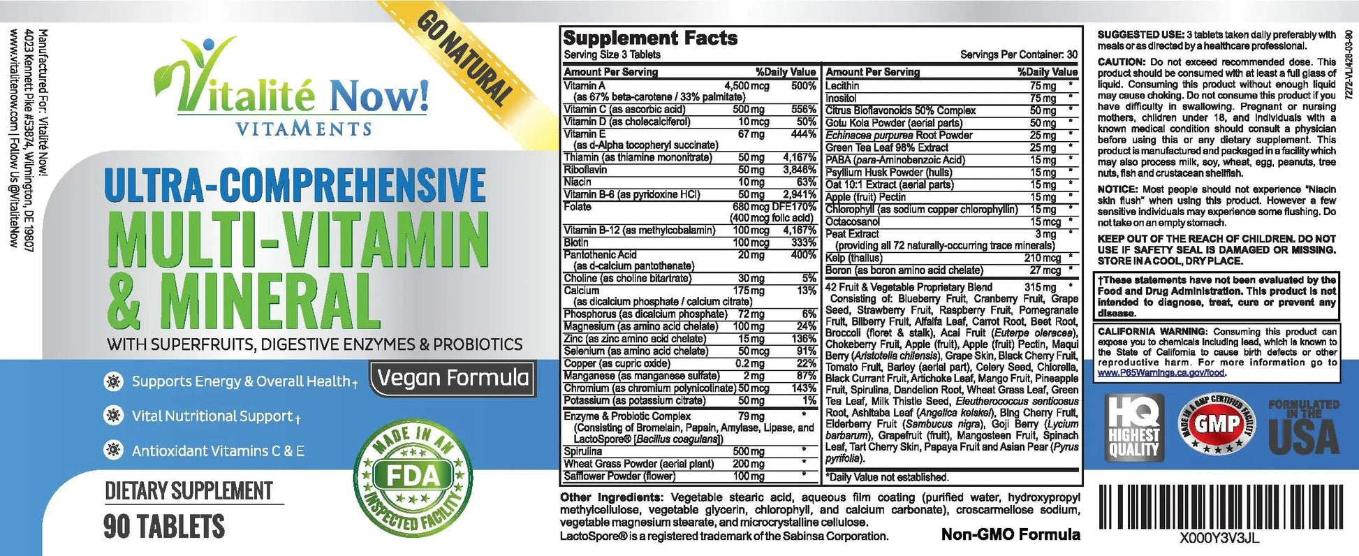 Vegan Whole Food Multivitamin & Mineral - Vitamins A B1 B2 B6 B12 C D3 E & 110 Super Foods, Herbs, Greens & Reds Vitalité Now!Au supplements