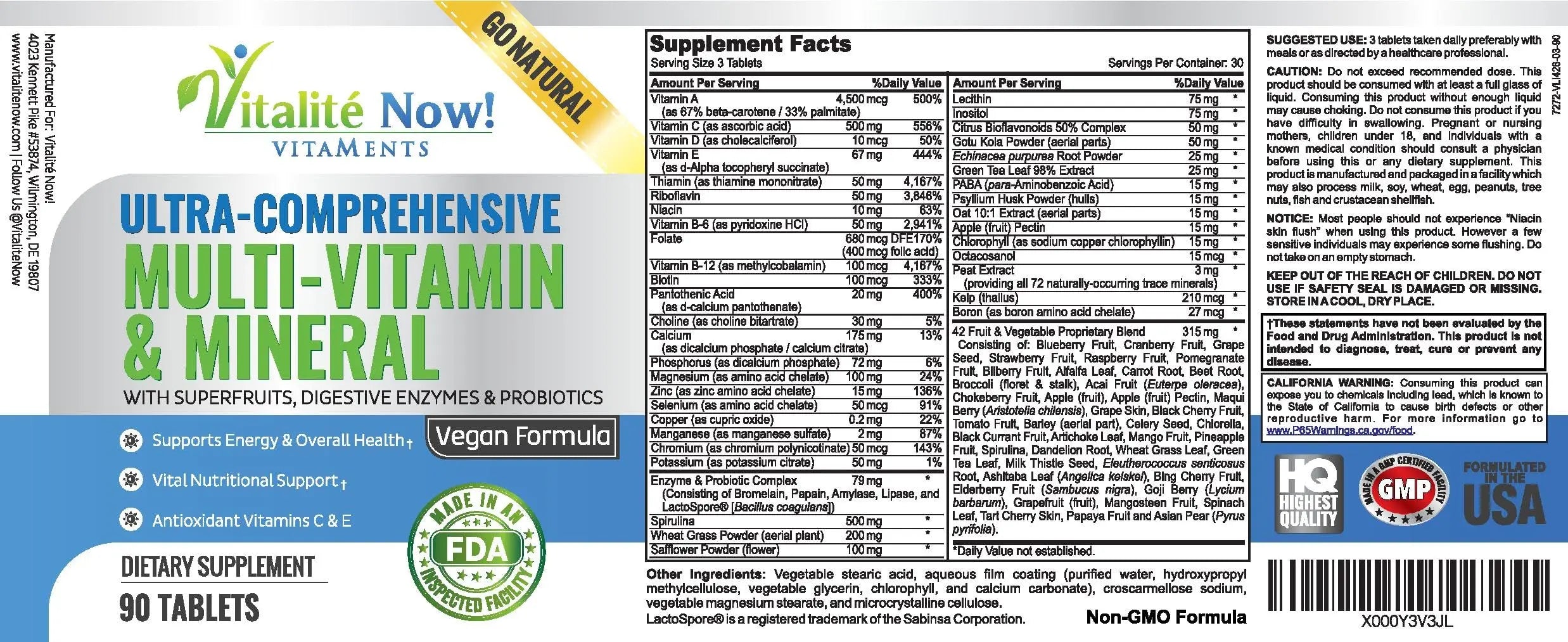 Vegan Whole Food Multivitamin & Mineral - Vitamins A B1 B2 B6 B12 C D3 E & 110 Super Foods, Herbs, Greens & Reds Vitalité Now!Au supplements