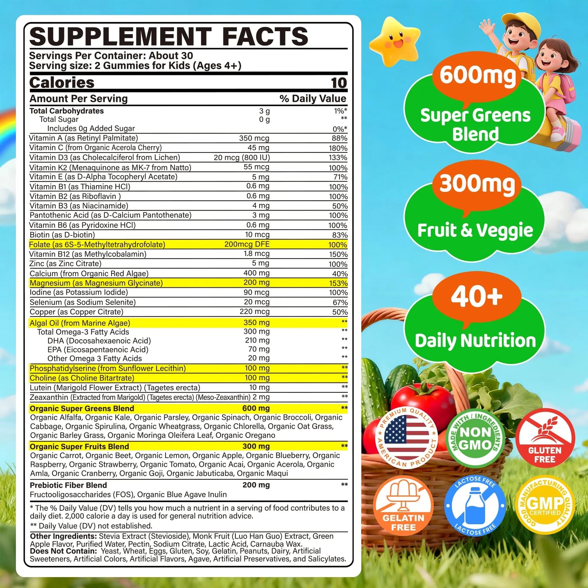 Kids Super Greens Gummies, w/Multivitamins, Spirulina, Chlorella, Spinach, Broccoli, Calcium, Omega-3 (DHA/EPA) EnvyCureAu supplements