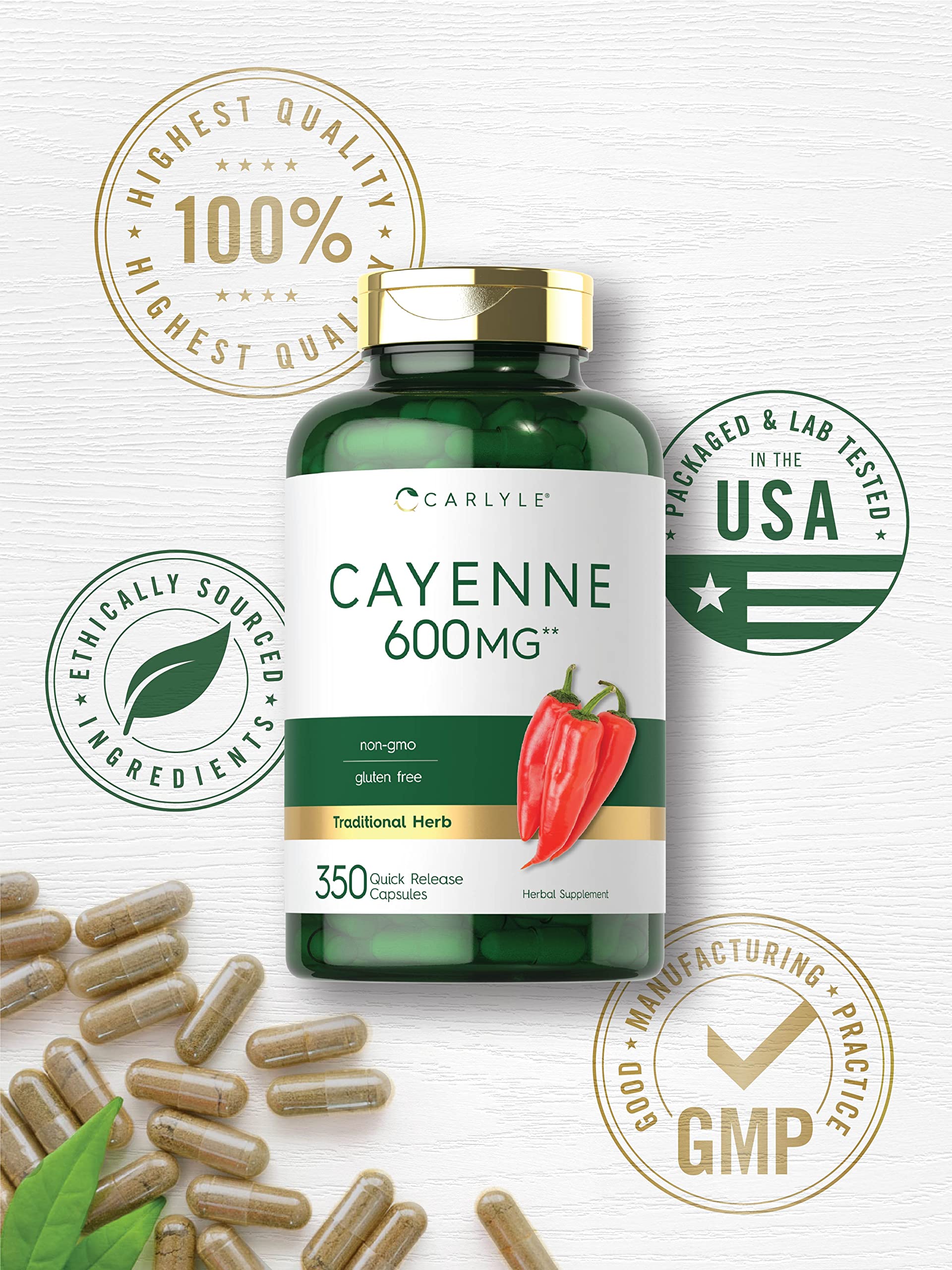 Carlyle Cayenne Pepper Capsules 600mg | 350 Pills | Non-GMO, Gluten Free Supplement CarlyleUS supplements