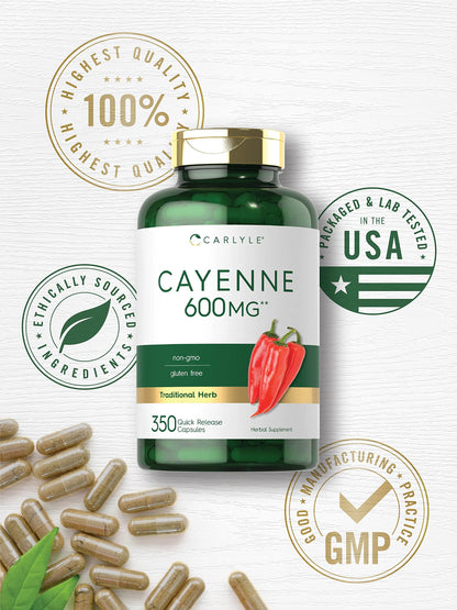 Carlyle Cayenne Pepper Capsules 600mg | 350 Pills | Non-GMO, Gluten Free Supplement CarlyleUS supplements