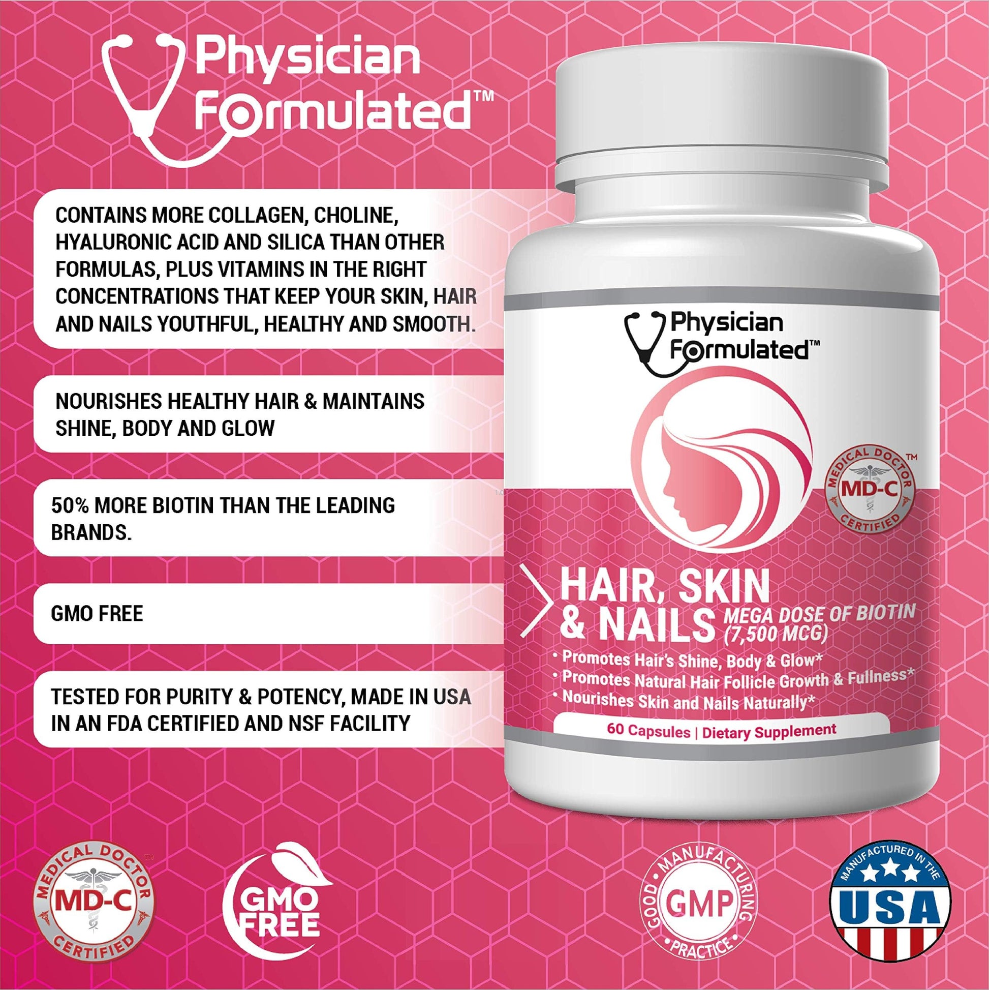 Physician Formulated Healthy Hair Skin and Nails Vitamins for Men and Women - 7500 mcg Biotin, Amino Acids, Collagen and Hyaluronic Acid - 60 Capsules Physician FormulatedAu supplements