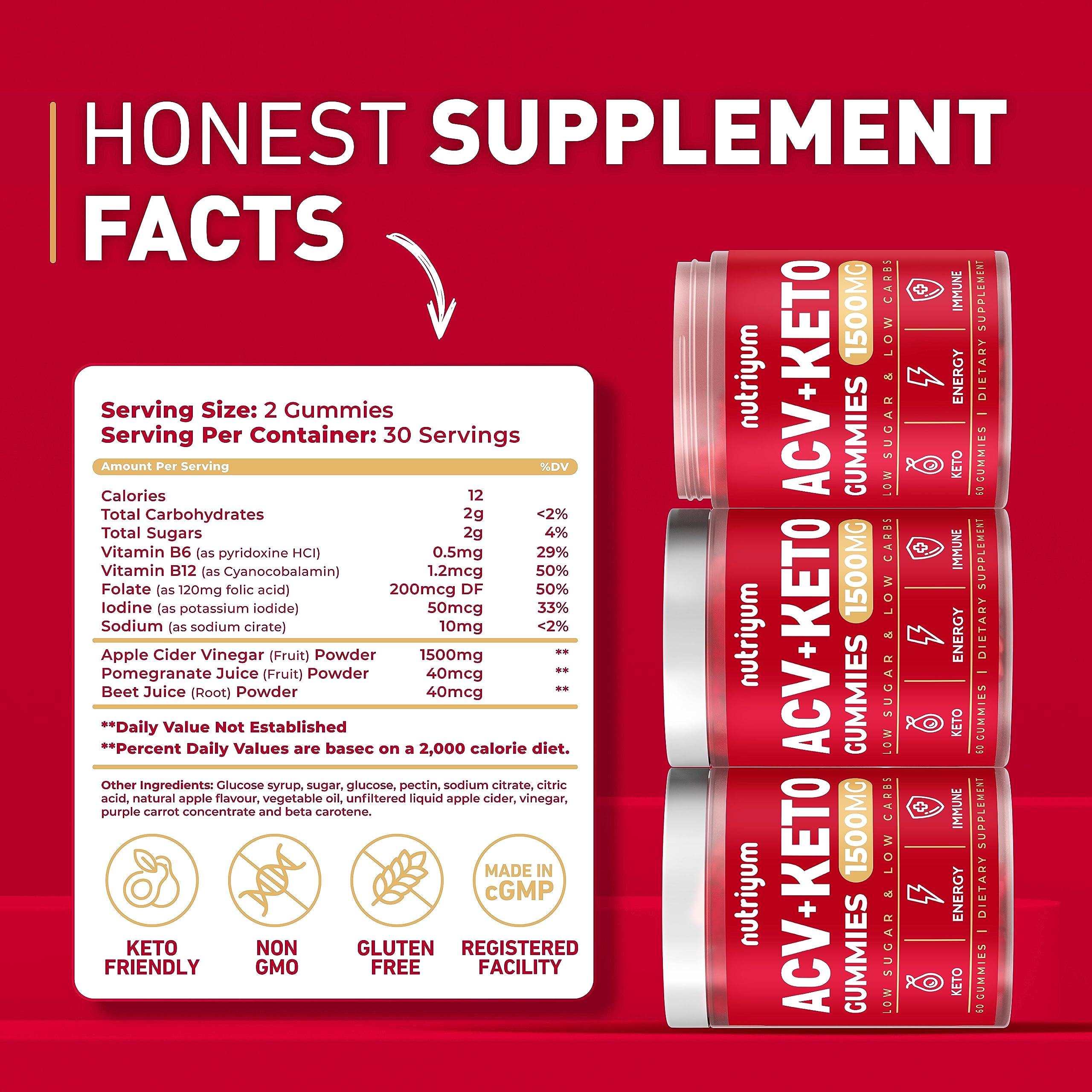 Keto ACV Gummies 1500 mg - Gelatin-Free Apple Cider Vinegar Gummies - Low Carbs XELARUS supplements