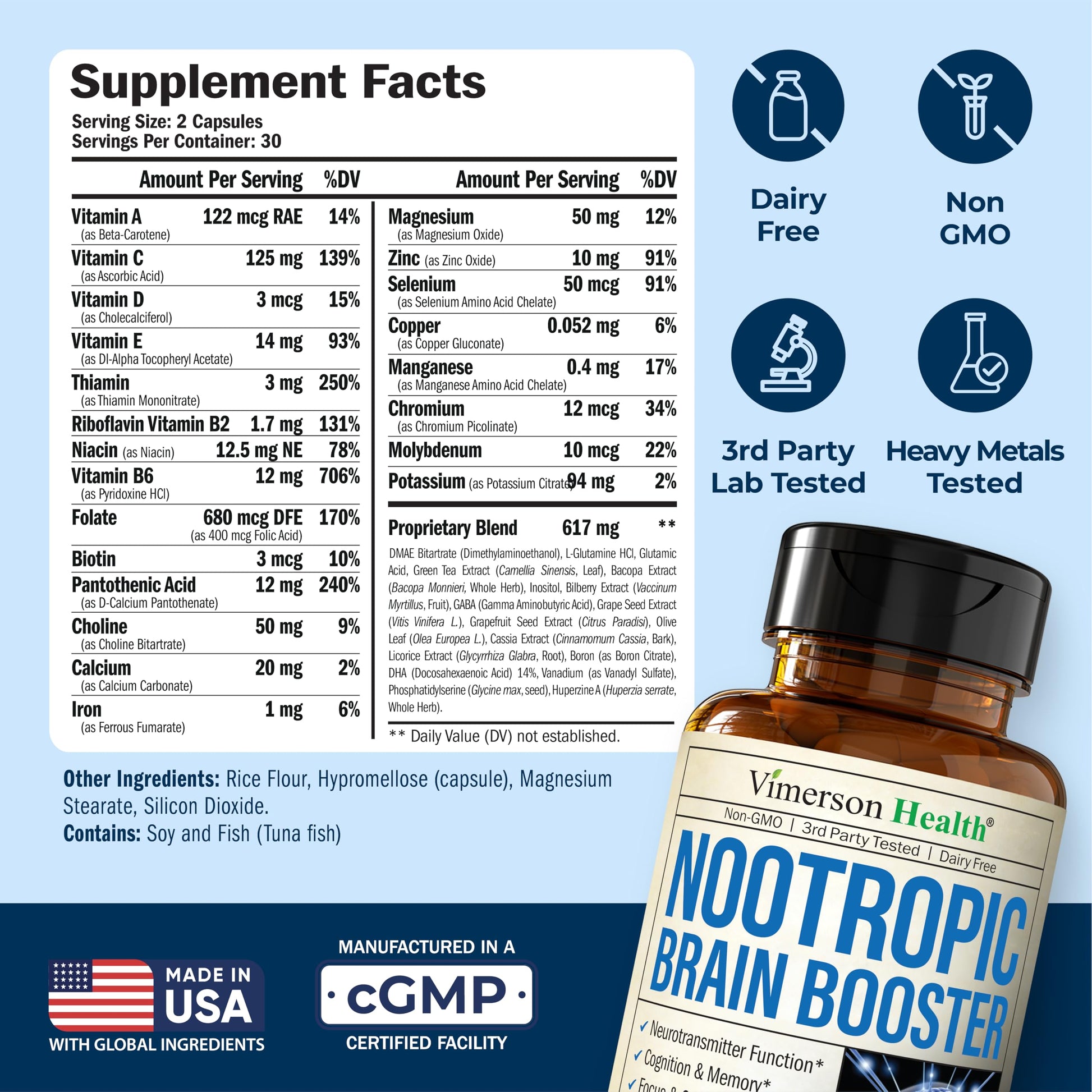 Nootropics Brain Support Supplement - Nootropic Brain Booster for Improved Focus, Concentration & Memory. Brain Nootropic for Brain Health, Mood & Energy Support. Non-GMO. Made in the USA. 60 Capsules Vimerson HealthAu supplements