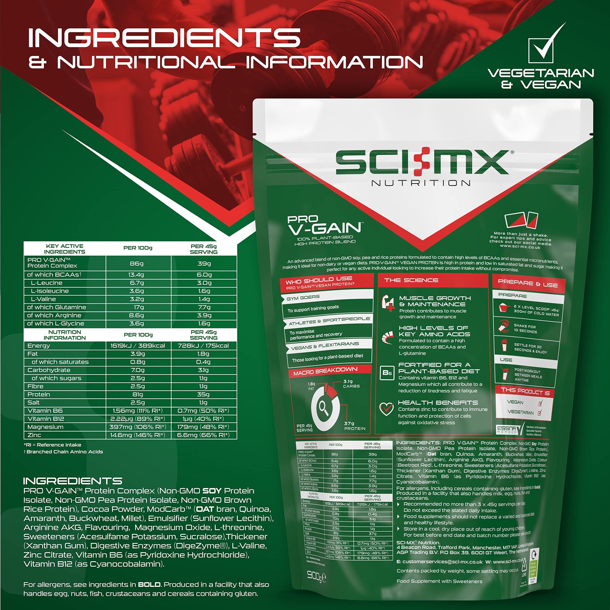 SCI-MX Pro V Gain 100% Plant Based Vegan Protein Formula With No Added Sugar - Chocolate Flavour - 900g - 20 SERVINGS SCI-MXAu supplements