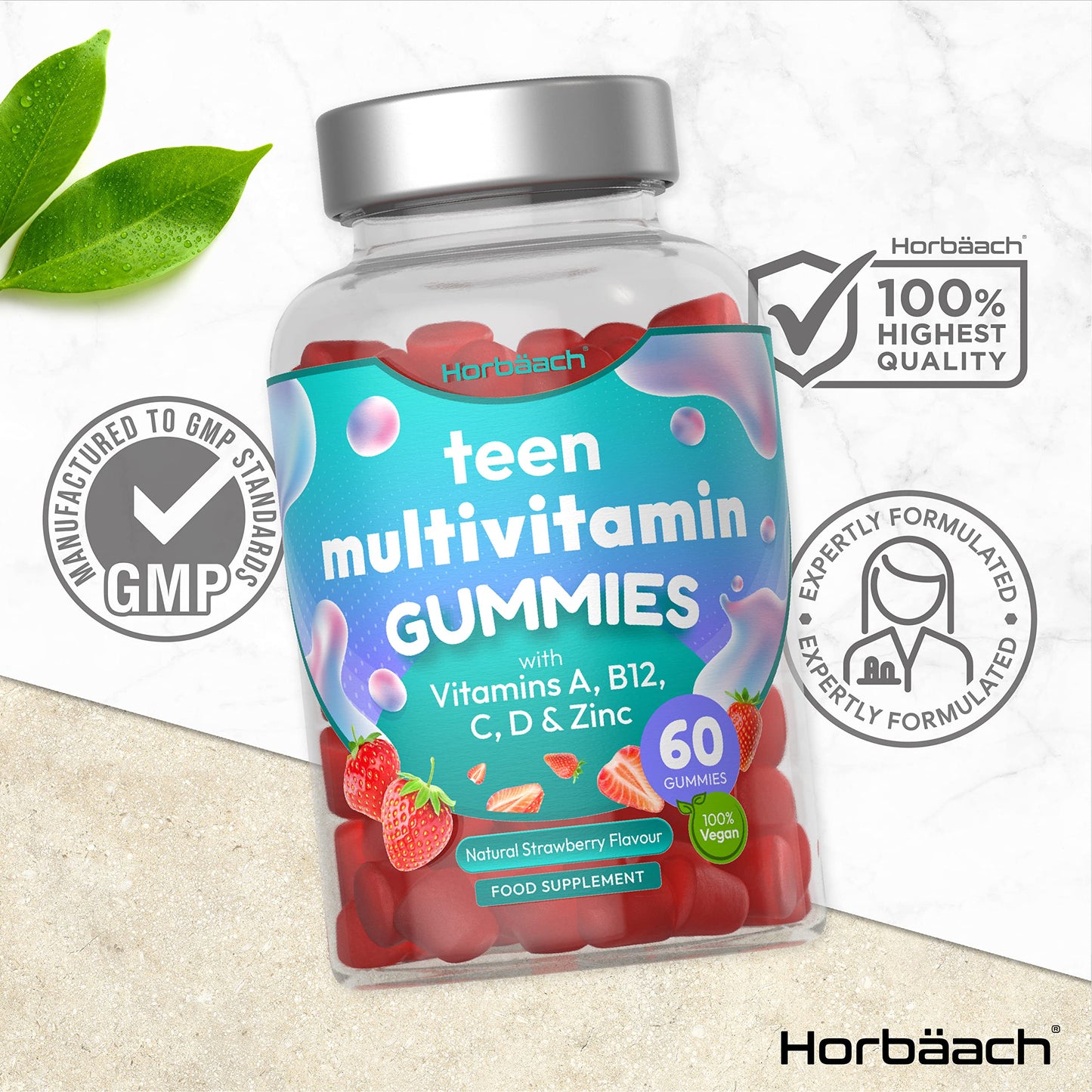Multivitamins for Teens | 60 Vegan Gummies | 14 Essential Nutrients | with Vitamin A, B12 HorbäachUS supplements