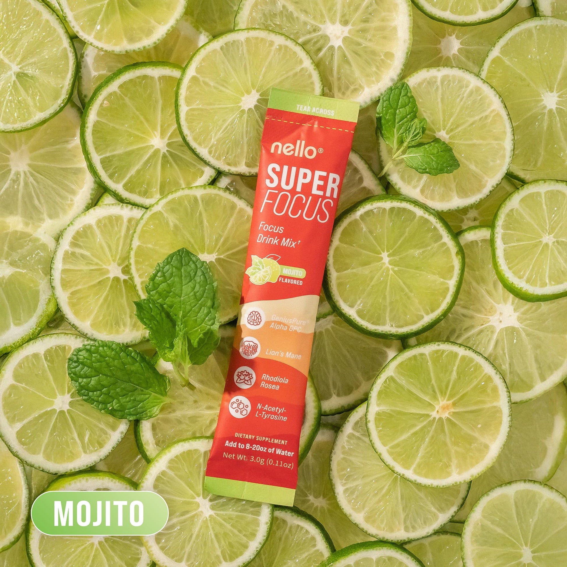 Nello Superfocus Mojito – Nootropic Focus Drink Mix, 20 On-The-Go Packets, Alpha GPC, Lion’s Mane, Rhodiola, Sugar-Free NelloAu supplements