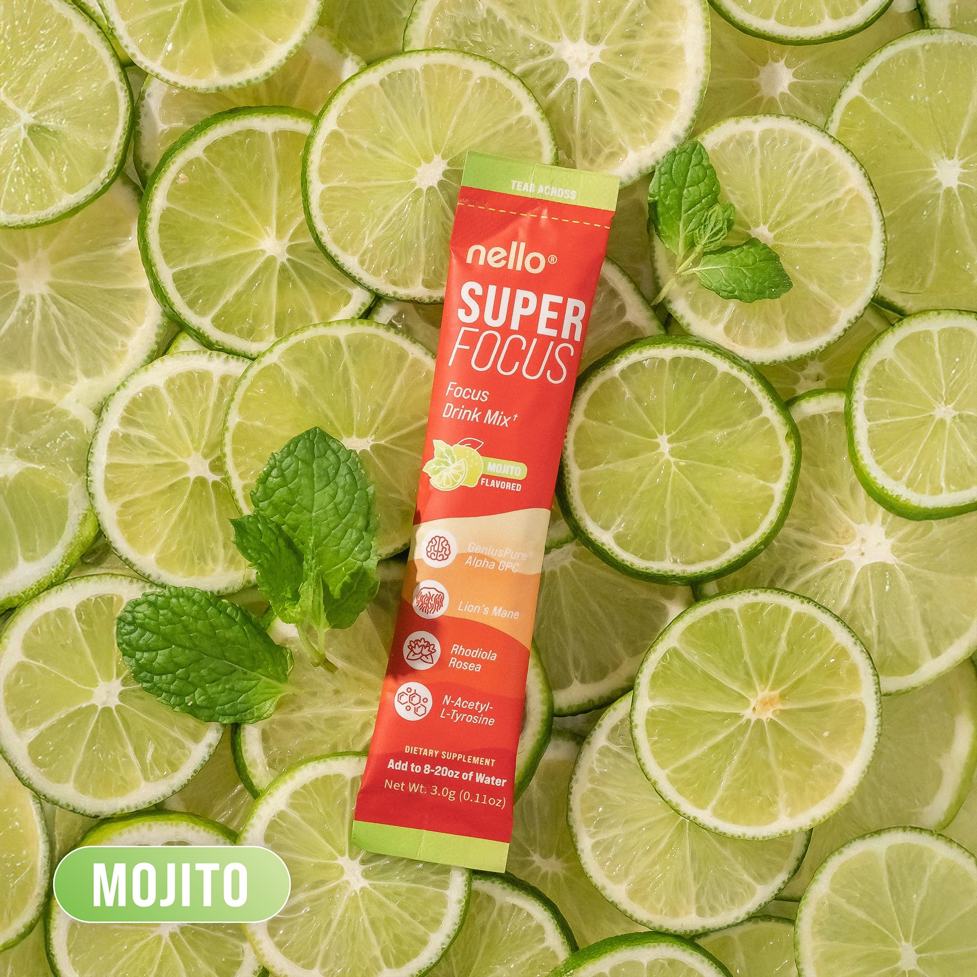 Nello Superfocus Mojito – Nootropic Focus Drink Mix, 20 On-The-Go Packets, Alpha GPC, Lion’s Mane, Rhodiola, Sugar-Free NelloAu supplements