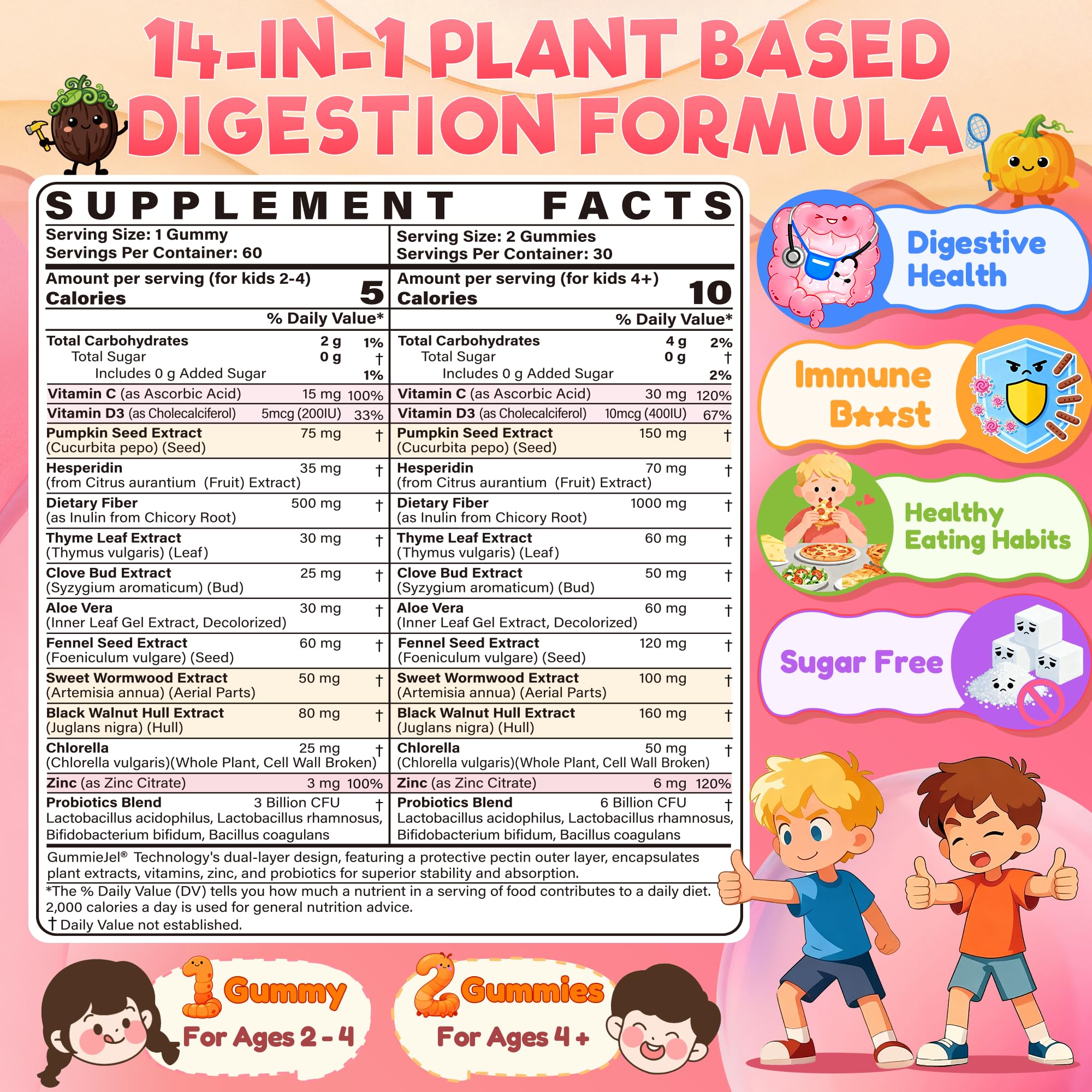 Toddler 2-4 & Kids 4+ Para Clean Gut Health Gummies w/Black Walnut, Wormwood, Clove, Pumpkin Seeds, Vitamin C, D3, Zinc, Digestive Supplement for Natural Gut Cleanse, Kids Immune Support (60cts) EnvyCureAu supplements