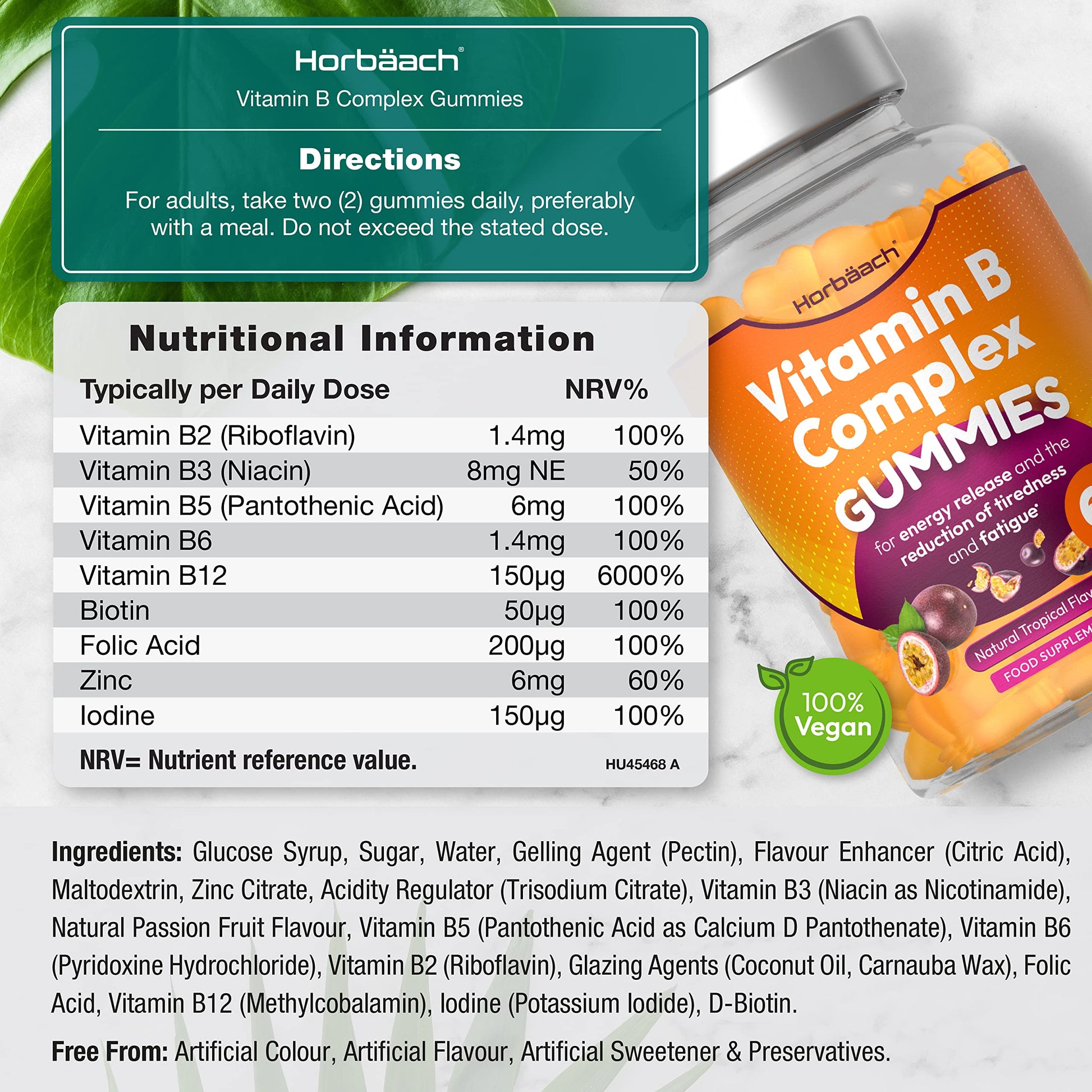 Vitamin B Complex Gummies | 60 Vegan Gummies - Tablet Alternative | High Strength B12 HorbäachUS supplements