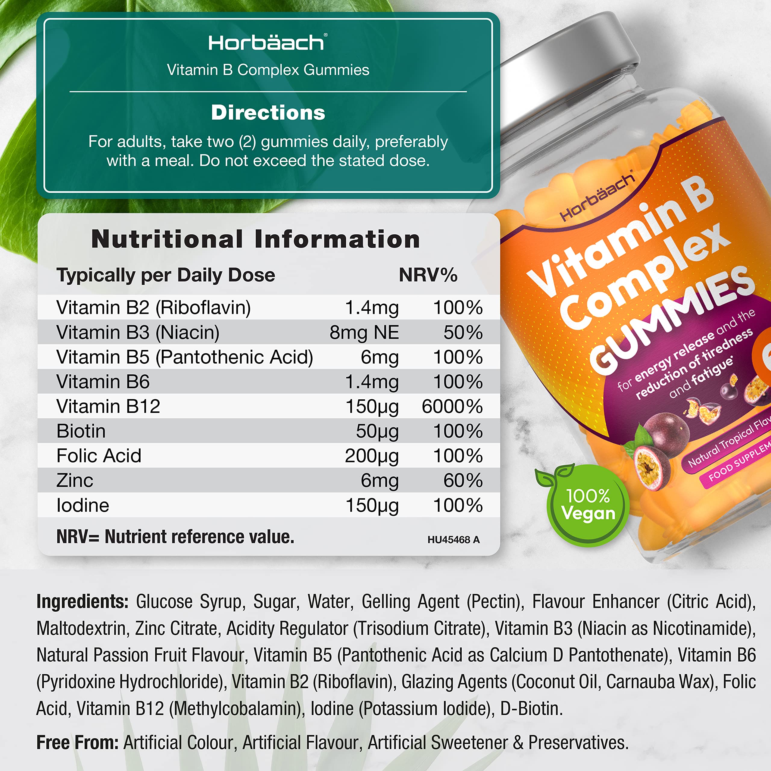 Vitamin B Complex Gummies | 60 Vegan Gummies - Tablet Alternative | High Strength B12 HorbäachUS supplements