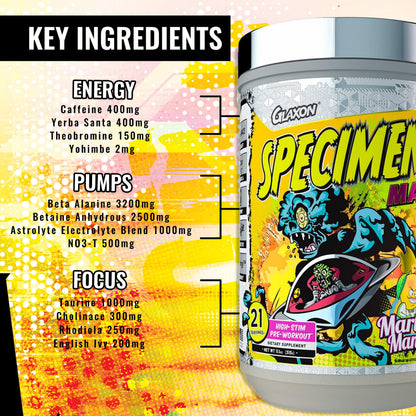 Glaxon Specimen Max High Stim Pre-Workout | 400mg Caffeine + 3200mg Beta Alanine GlaxonUS supplements