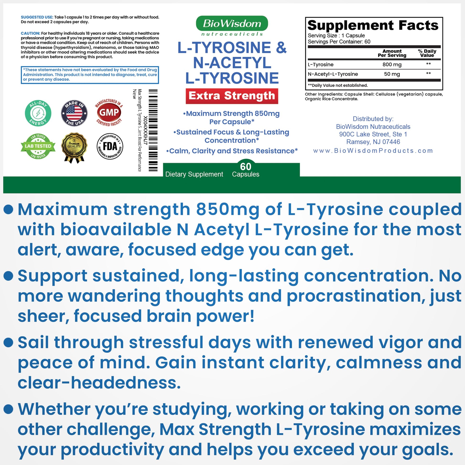 Max Strength L Tyrosine Supplement & N Acetyl L Tyrosine Peak Focus, Alertness, Concentration, Body & Mind Energy. L-Tyrosine 850mg Per 1 Capsule. A Well-Being Nutrient Boost For Performance BioWisdom NutraceuticalsAu supplements